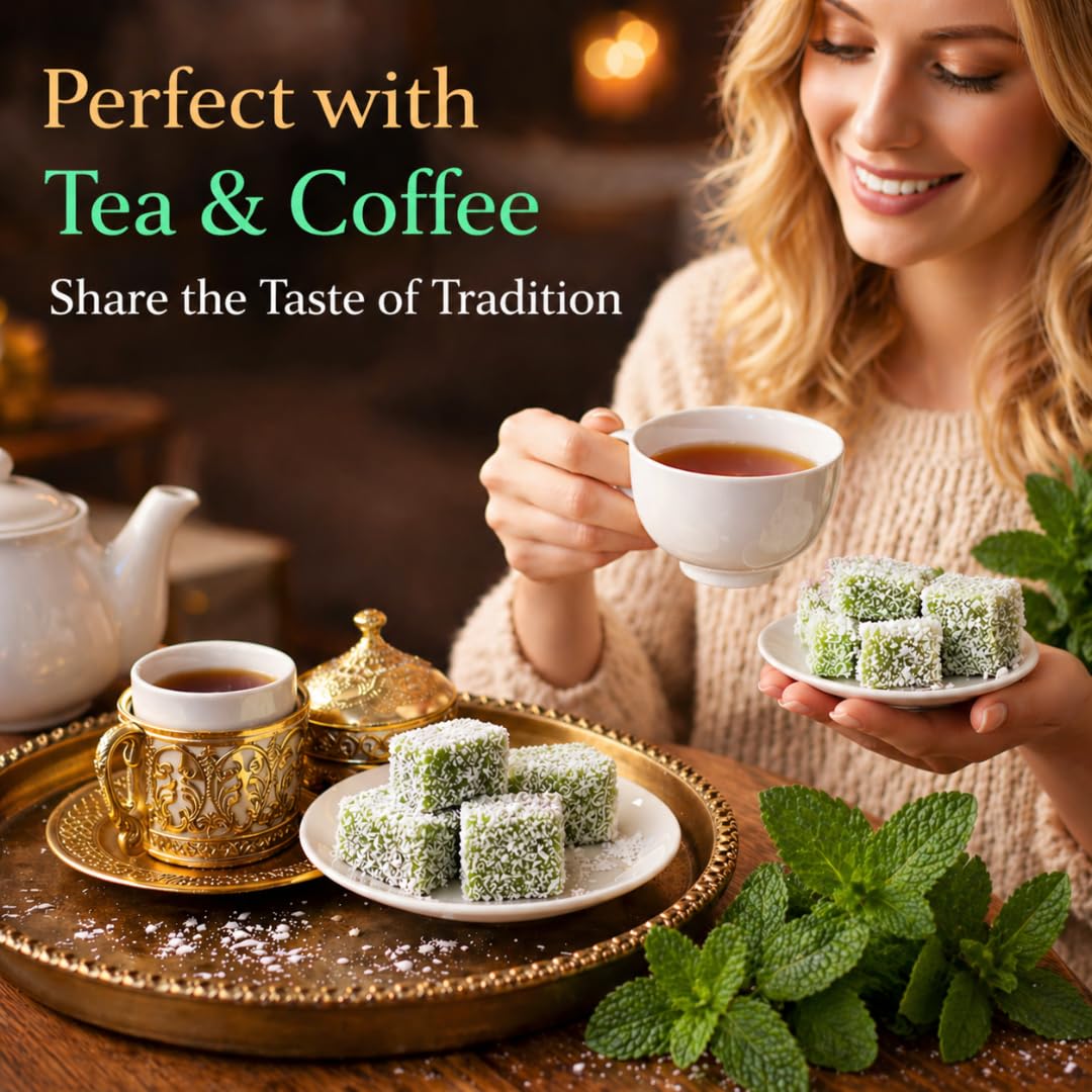 Turkish Delight Mint Flavor 450g (~1lb) - Traditional Lokum Candy with Refreshing Mint Taste - Soft Chewy Gourmet Dessert - No Additives - Made
