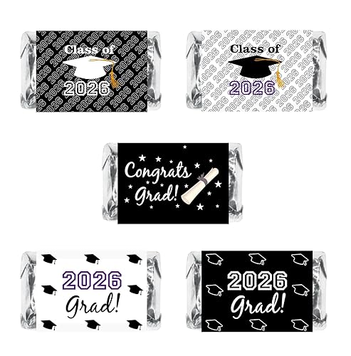 60 New Graduation Cap Party Class of 2026 Miniatures Candy Bar Wrapper, Mini Candy Chocolate Bar Stickers, Labels, Candy Not Included, Color Black