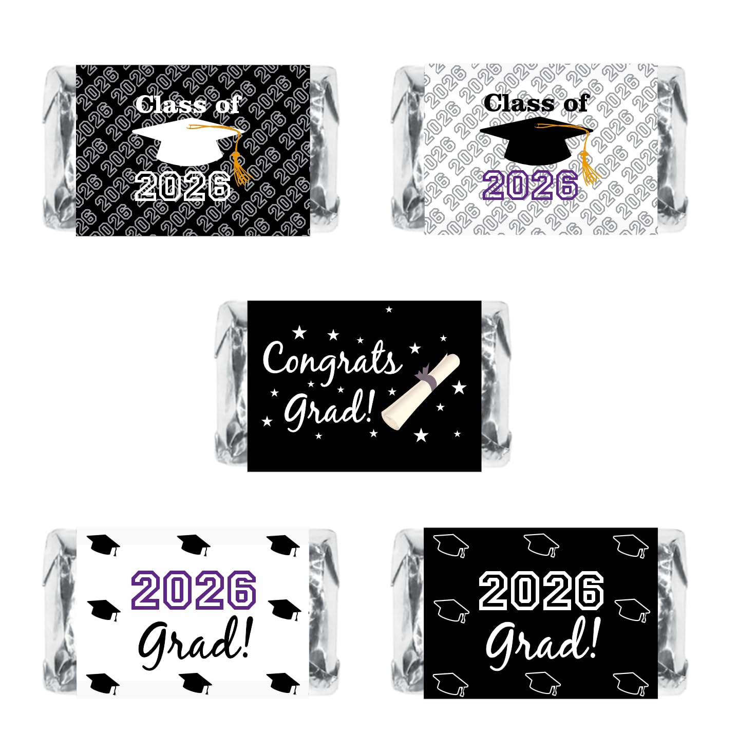 60 New Graduation Cap Party Class of 2026 Miniatures Candy Bar Wrapper, Mini Candy Chocolate Bar Stickers, Labels, Candy Not Included, Color Black