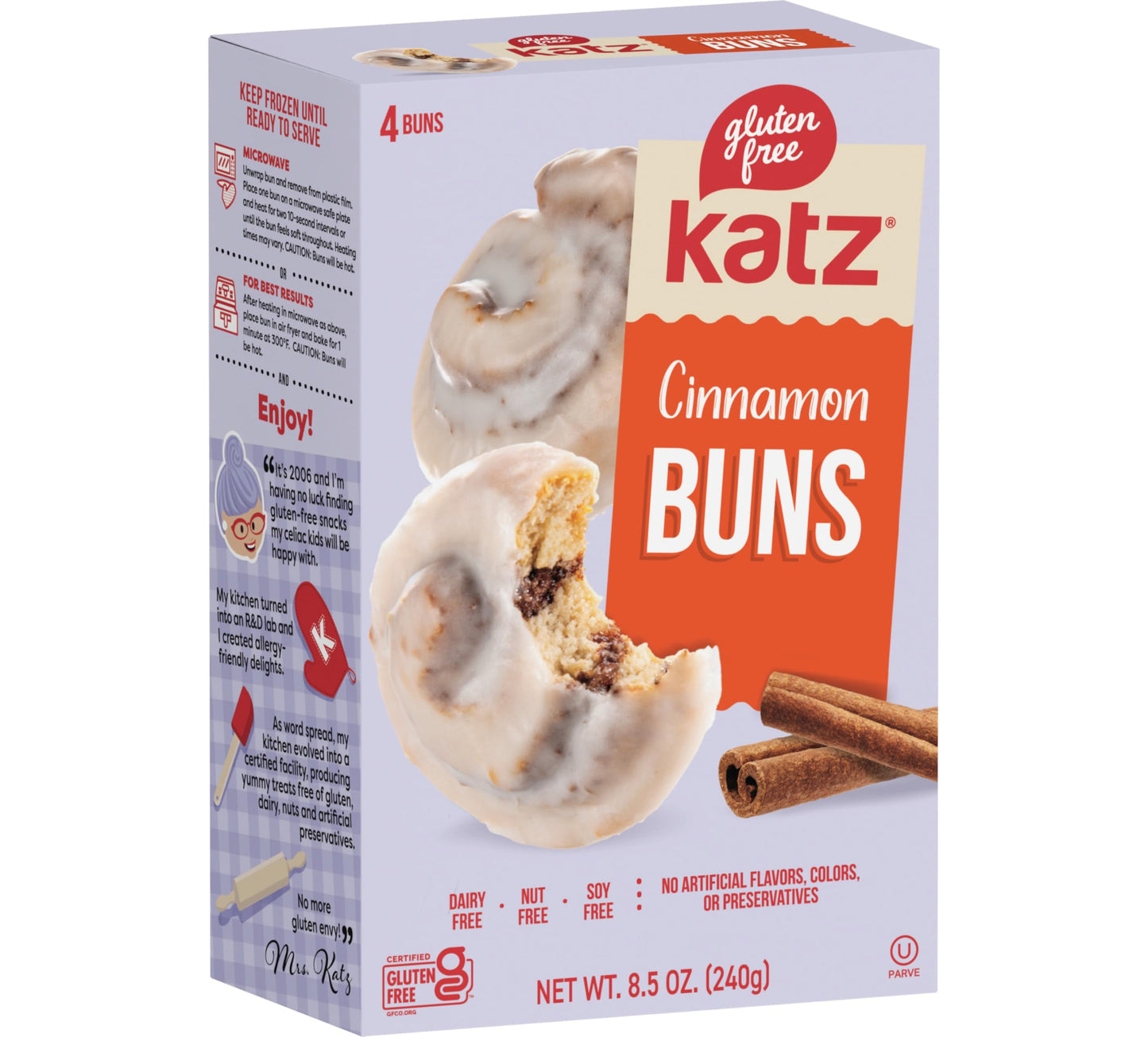 Katz Gluten Free Cinnamon Buns, Real Cinnamon Glaze, Individually Wrapped, Soft & Gooey, Free of Dairy, Nut, Soy, Certified Kosher, 8.5 oz (1pk)