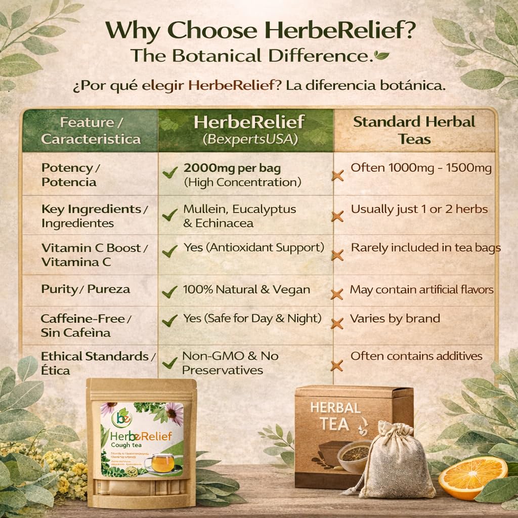 HerbeRelief Tea - Aromatic Botanical Infusion w/Gordolobo (Mullein Leaf),Oregano,Spearmint, Eucalyptus, Echinacea & Vitamin C - 24 Tea Bags (2000 mg
