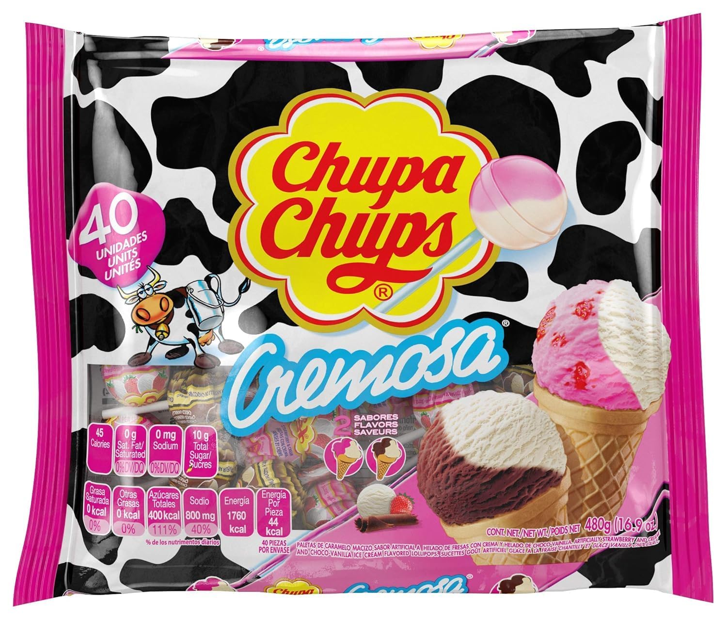 Chupa Chups Cremosa Lollipop Assortment, 2 Ice Cream Flavors, Individually Wrapped Candy for Kids, 10.5 Oz Bag (25 Suckers)