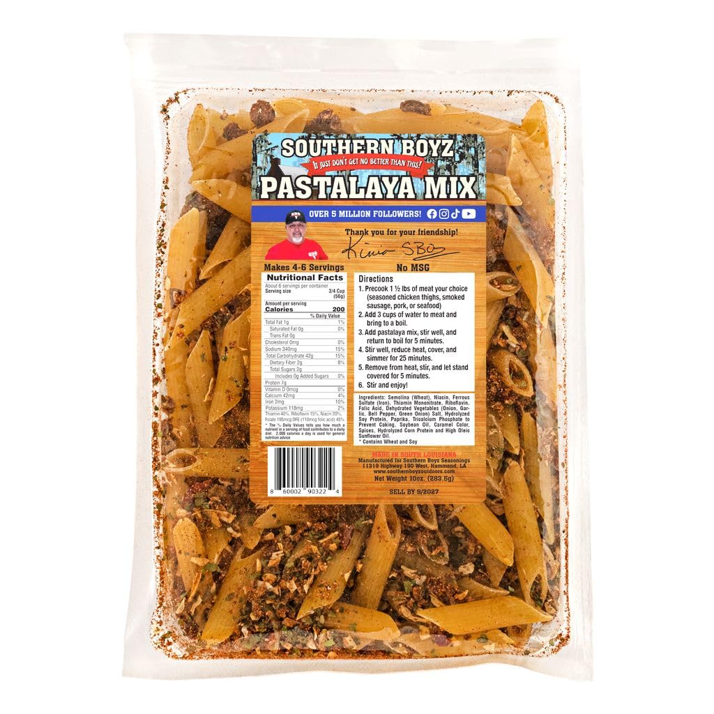 Southern Boyz Outdoors Seasonings Pastalaya Mix With Penne, Cajun One-Pot Meal with Pasta & Seasoning, 10 Ounce Bag (No MSG Blend - Makes 4-6