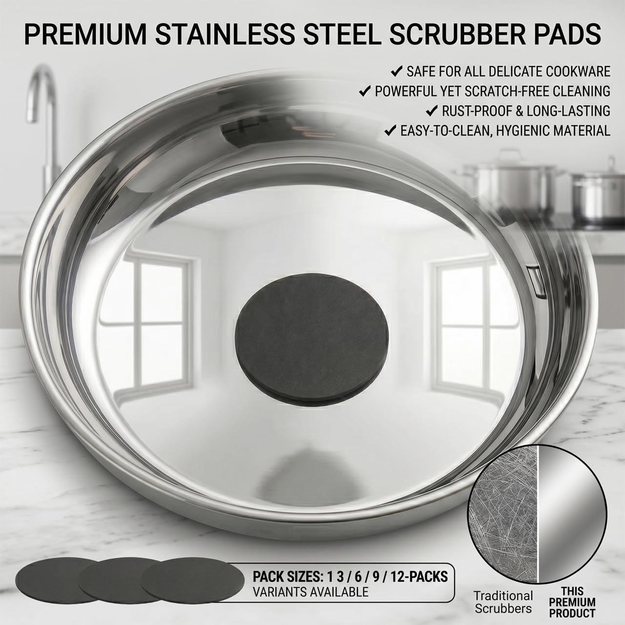 3PCS Steeli Sponge for Stainless Steel, Removes Burnt-On Stains, Suitable for Stainless Steel Surfaces, Leaves No Scratches, Durable Kitchen Sponge