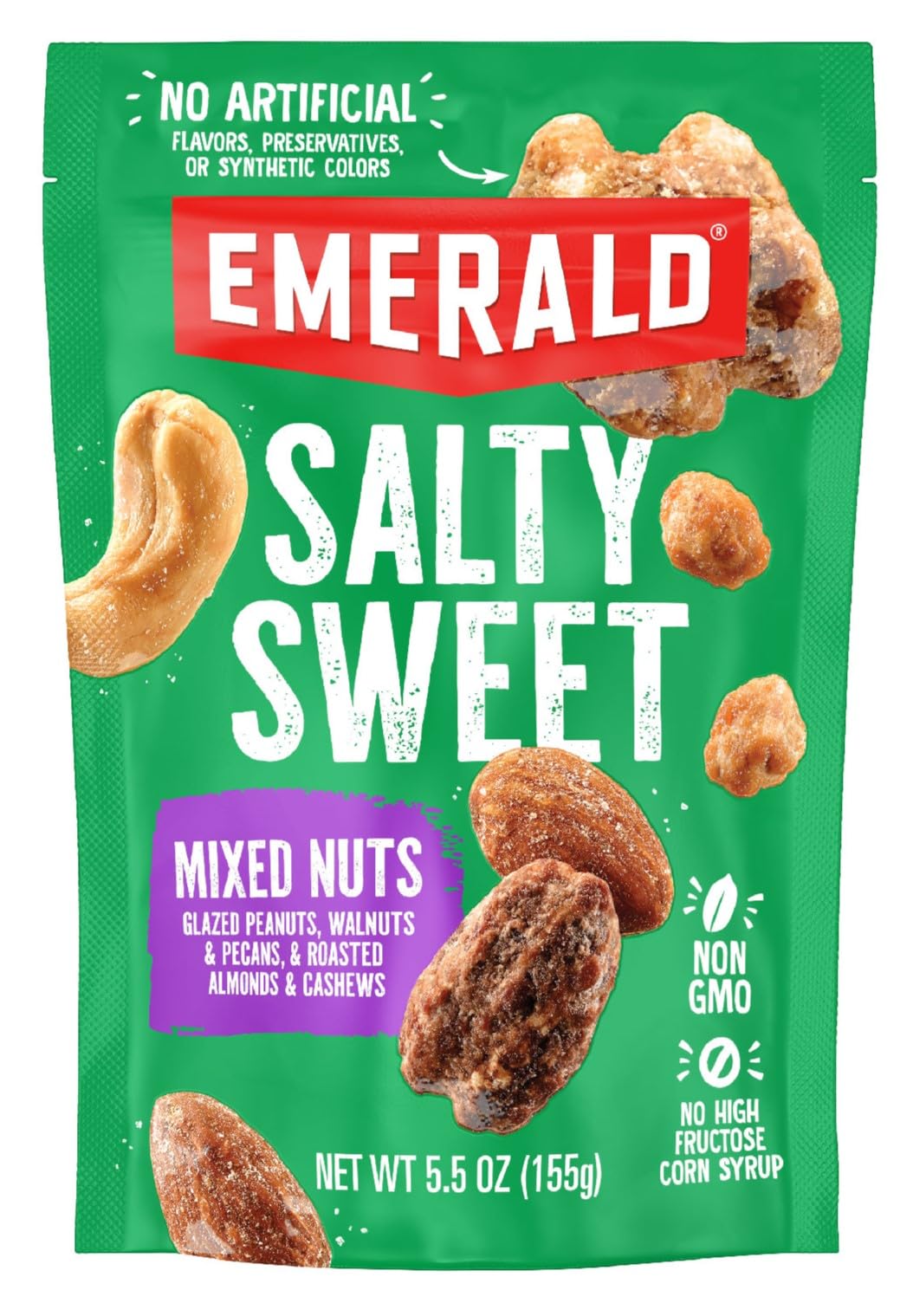 Emerald Nuts Salty Sweet Mixed Nuts (1-Pack), Features Kettle Glazed Peanuts, Almonds, Cashews, Kettle Glazed Walnuts, Kettle Glazed Pecans, 5.5oz