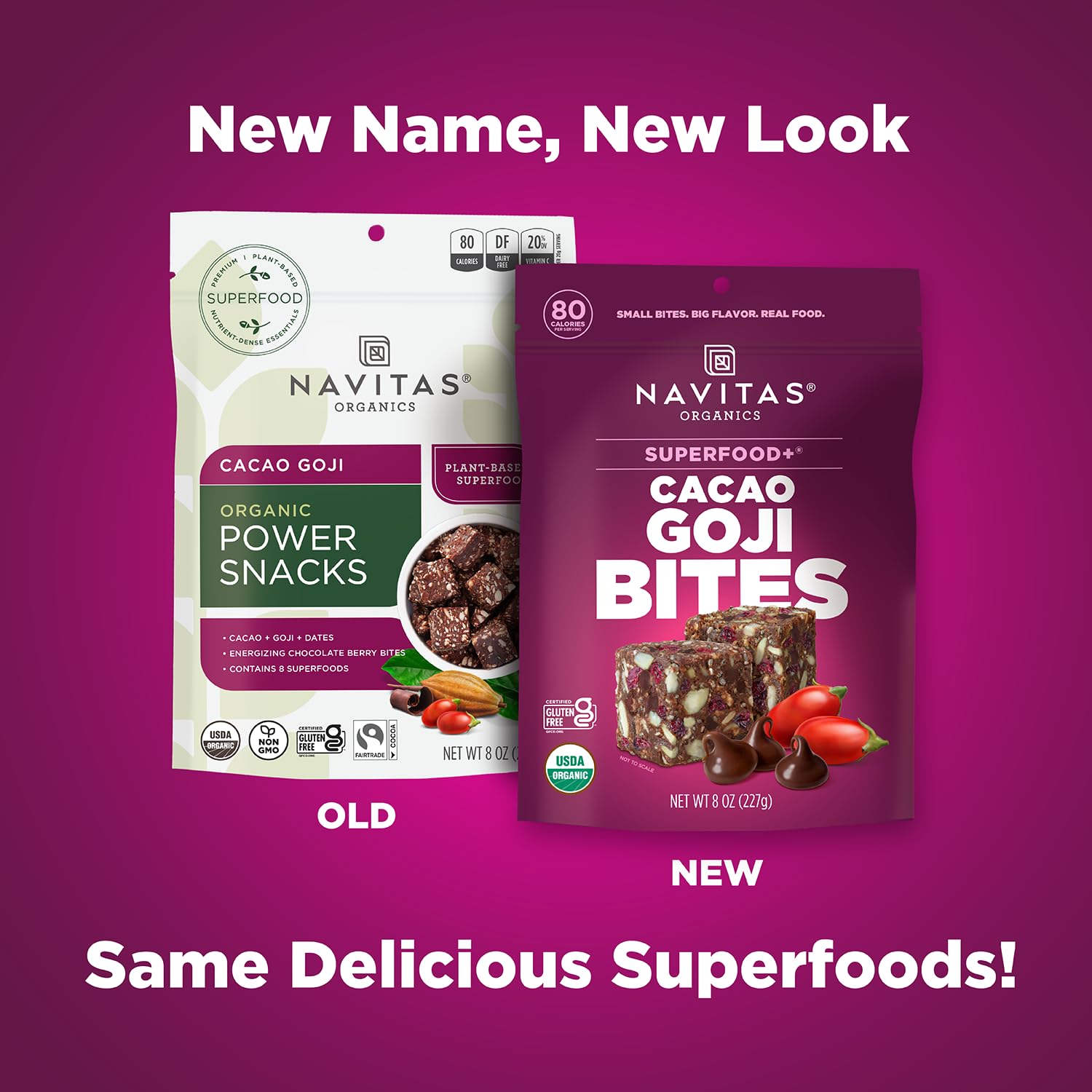 Navitas Organics Cacao Goji Superfood+ BITES - Power Snacks - All Natural Plant Based - Clean Energy & Nutrition - USDA Organic, Non GMO, Gluten Free