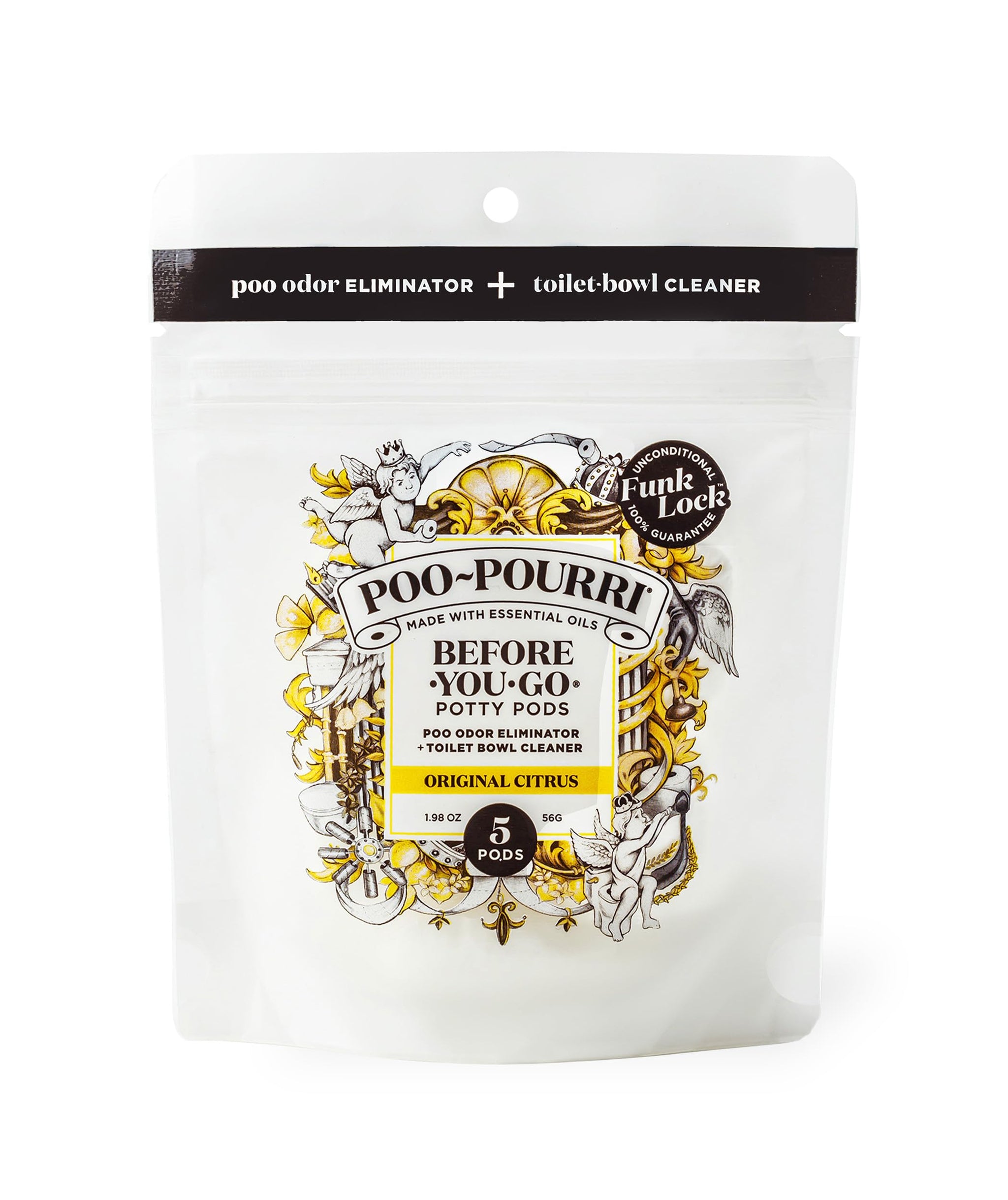 Poo-Pourri Before-You-Go 2-in-1 Toilet Potty Pods, Original Citrus, 5 Ct, Bathroom Odor Deodorizer and Toilet Cleaner with Essential Oils, Lemon