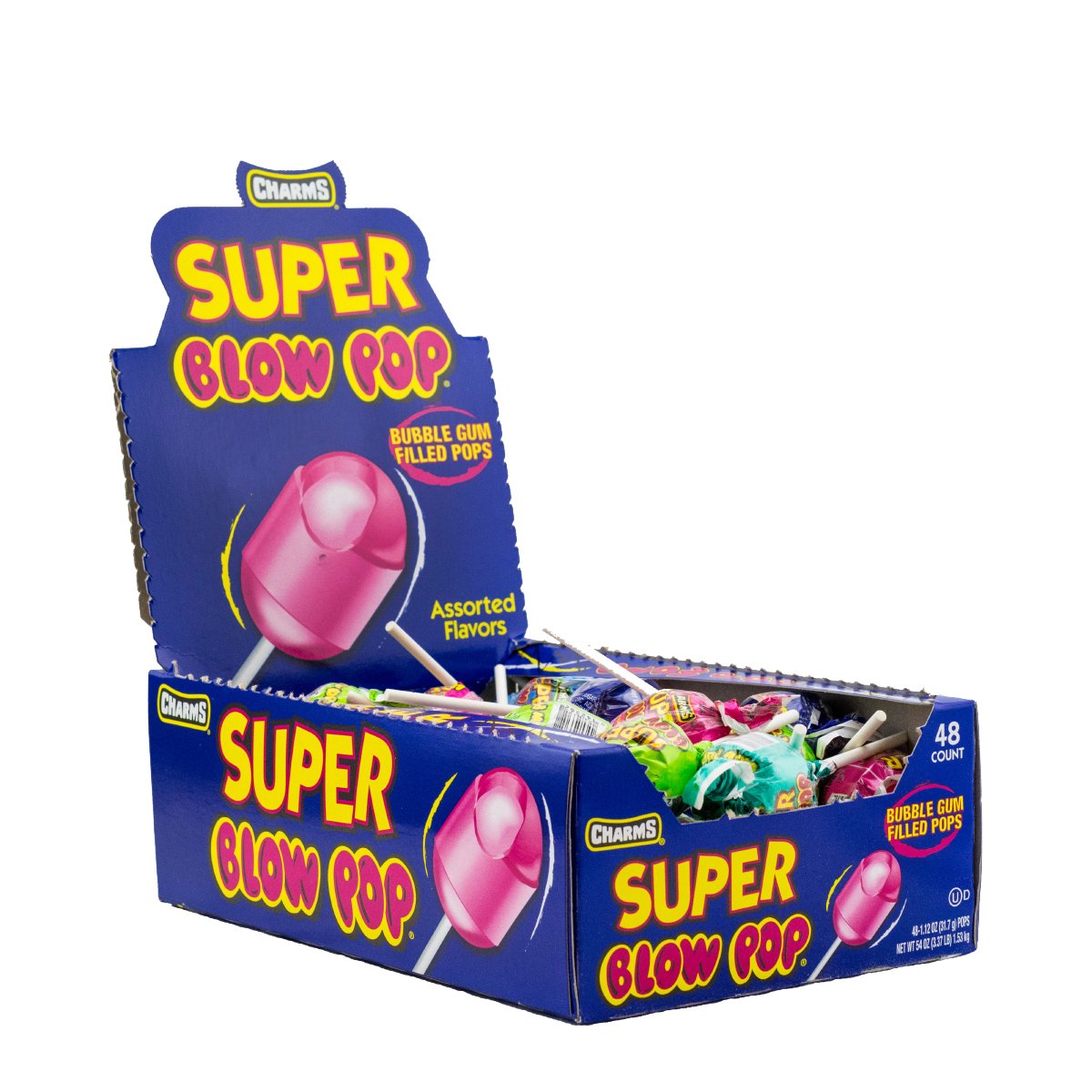 Charms Super Blow Pop Lollipops - Dual Candy and Gum Suckers - Holiday Size Bulk Treats for Kids and Adults - Assorted Flavors, 48 Count