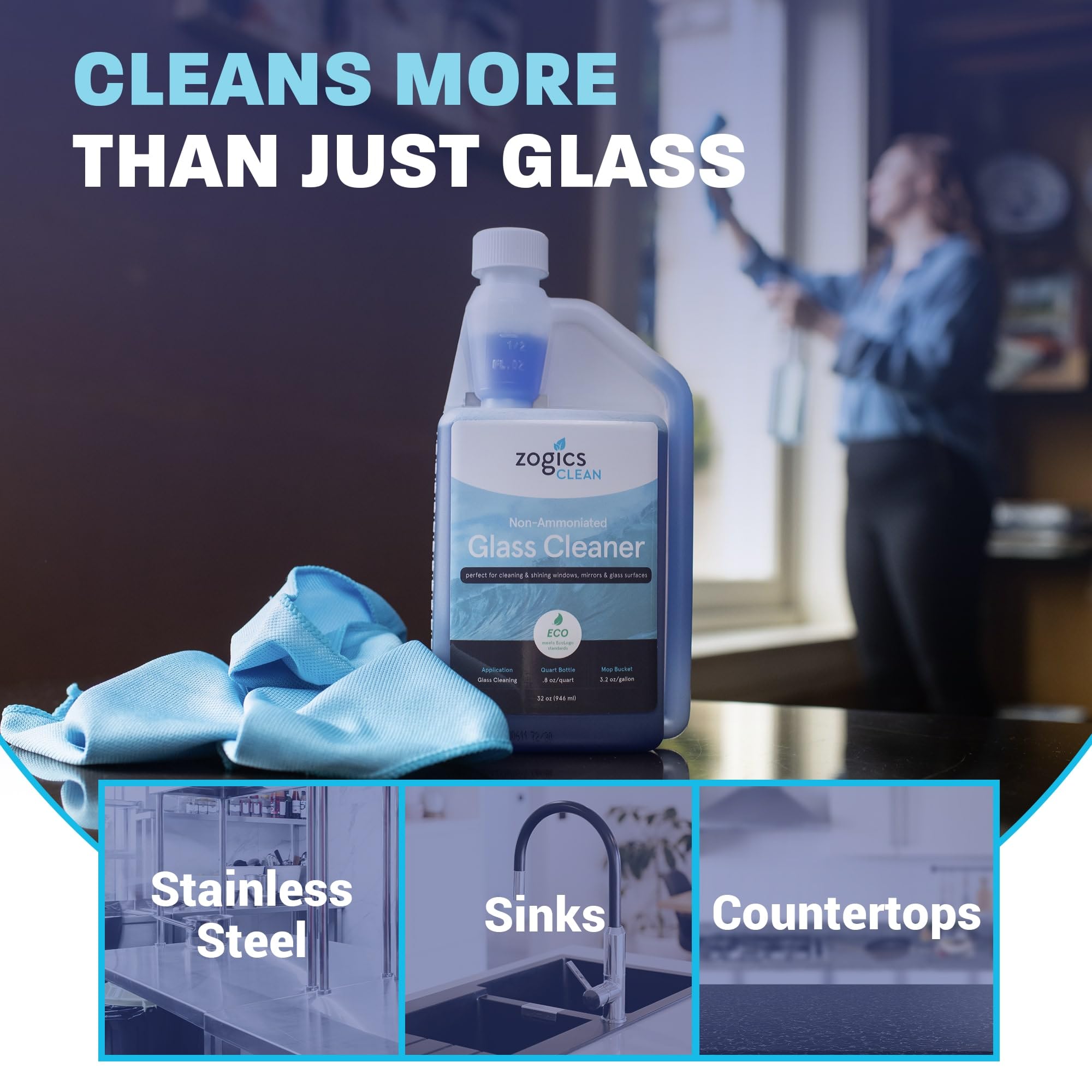 Zogics Non-Ammoniated Glass Cleaner Concentrate - Case of 6-32 oz Bottles - Each Bottle Makes up to 10 Gallons - Meets ECOLOGO Standards