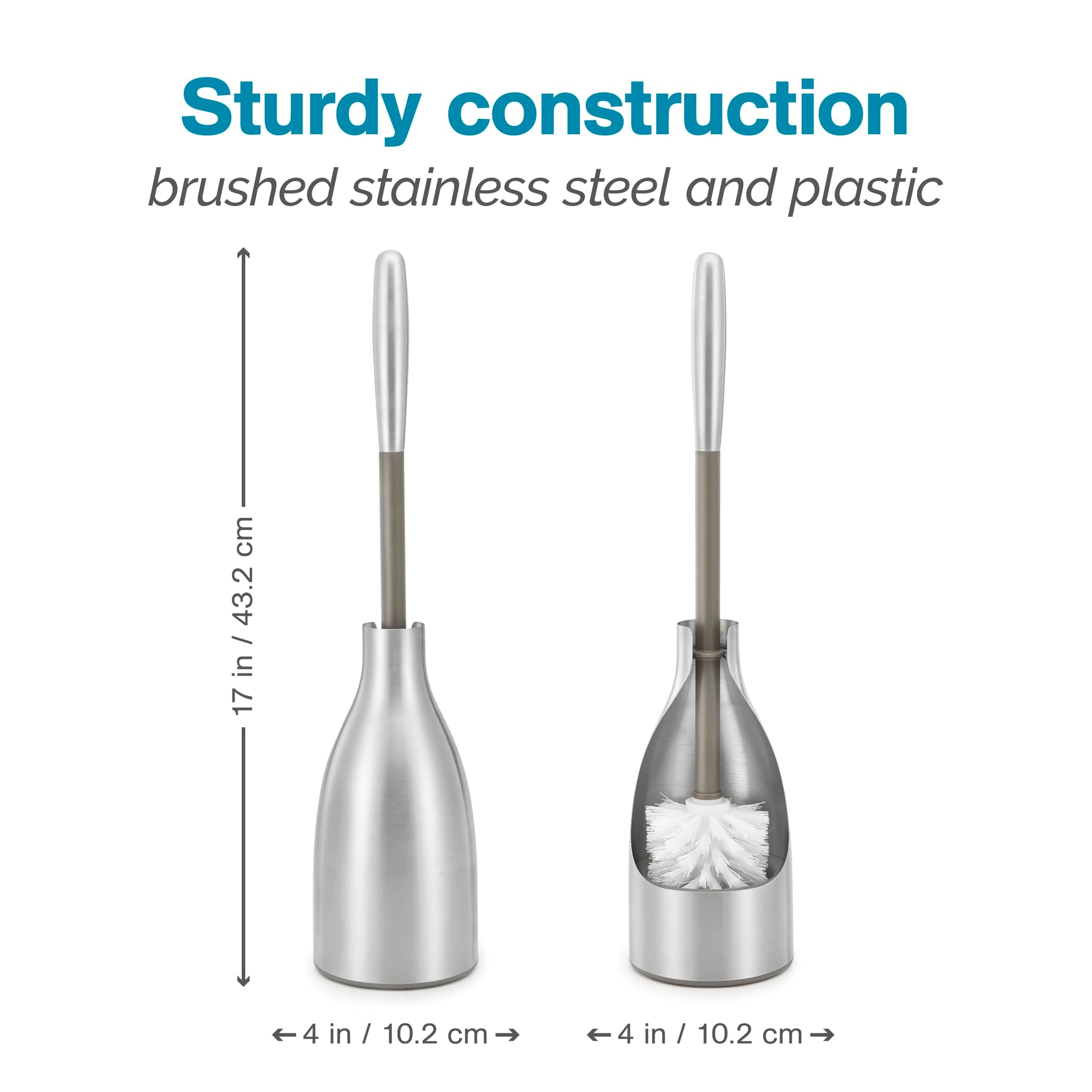 Polder Sleek Stainless Steel Toilet Brush with Caddy, Slim and Discreet Design, Open-Back Design for Odor Control, Rust-Resistant Stainless Steel, 2