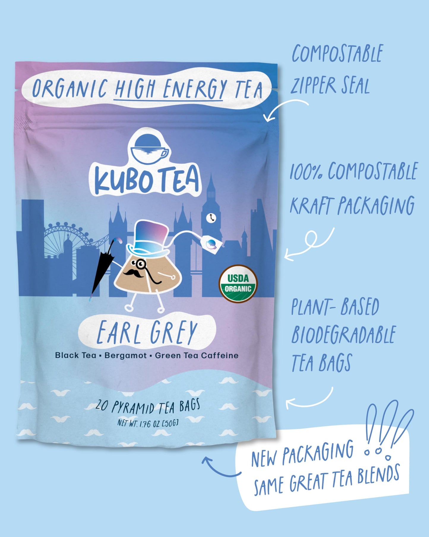 Kubo Earl Grey Tea Bags | Organic High Caffeine (155mg) Black Tea + Assam & Bergamot | 20 Pyramid Count | Caffeinated Tea for Clean Energy & Focus |