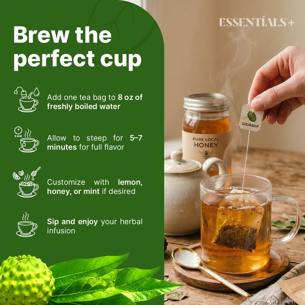 Premium Soursop Leaf Tea Bags 50 Count (4oz) | Graviola Herbal Tea Caffeine Free | Natural Antioxidant Wellness Tea | Hojas de Guanabana