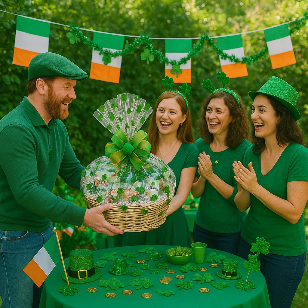 St. Patrick’s Day Gift Basket with Chocolate, Candy & Snacks - 16 Inch Tray Shamrock Wrapped Gift Basket - Irish Holiday Treats for Family, Friends