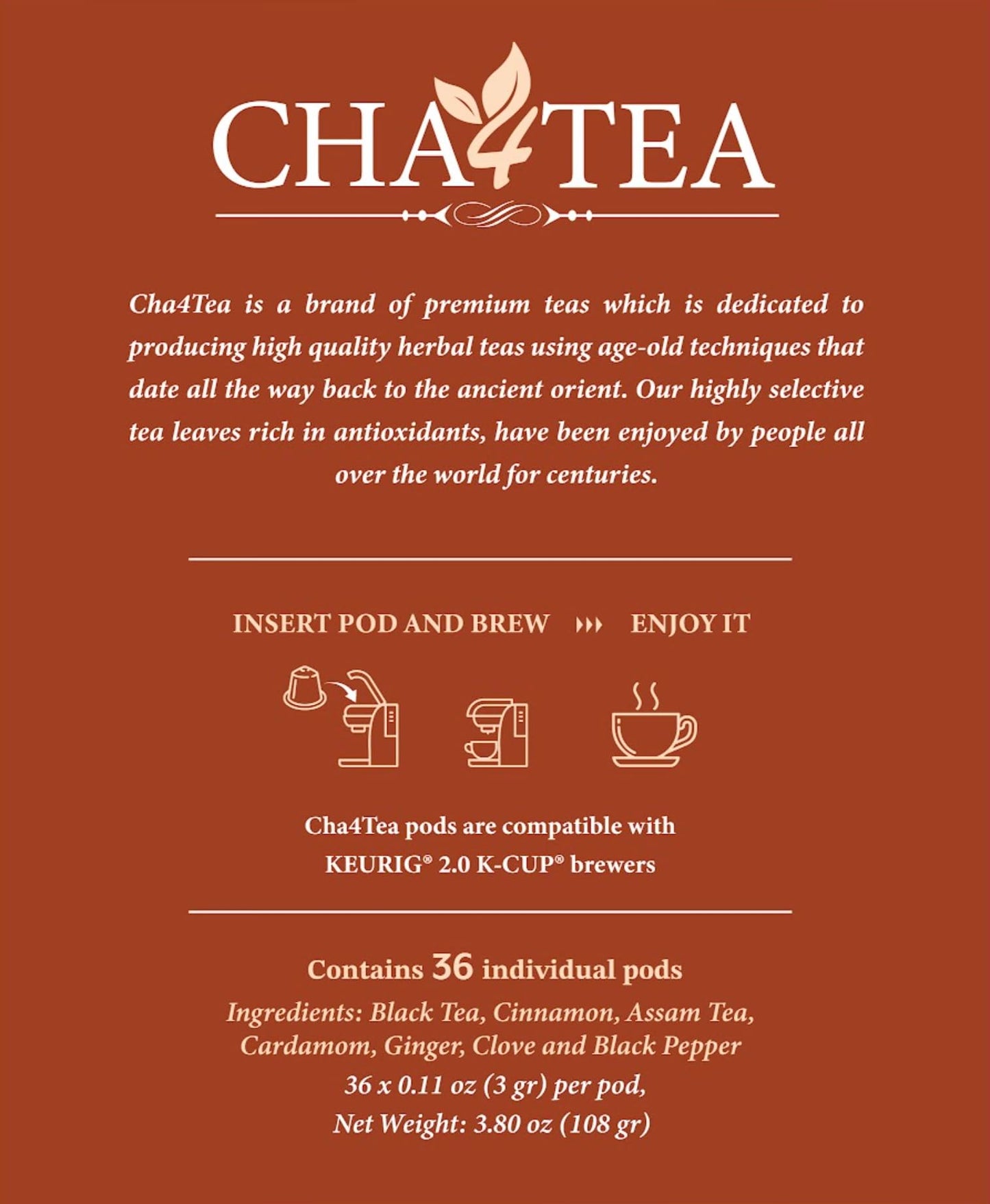 Cha4TEA 36-Count Chai Black Tea Pods Compatible with Keurig K-Cup Brewers