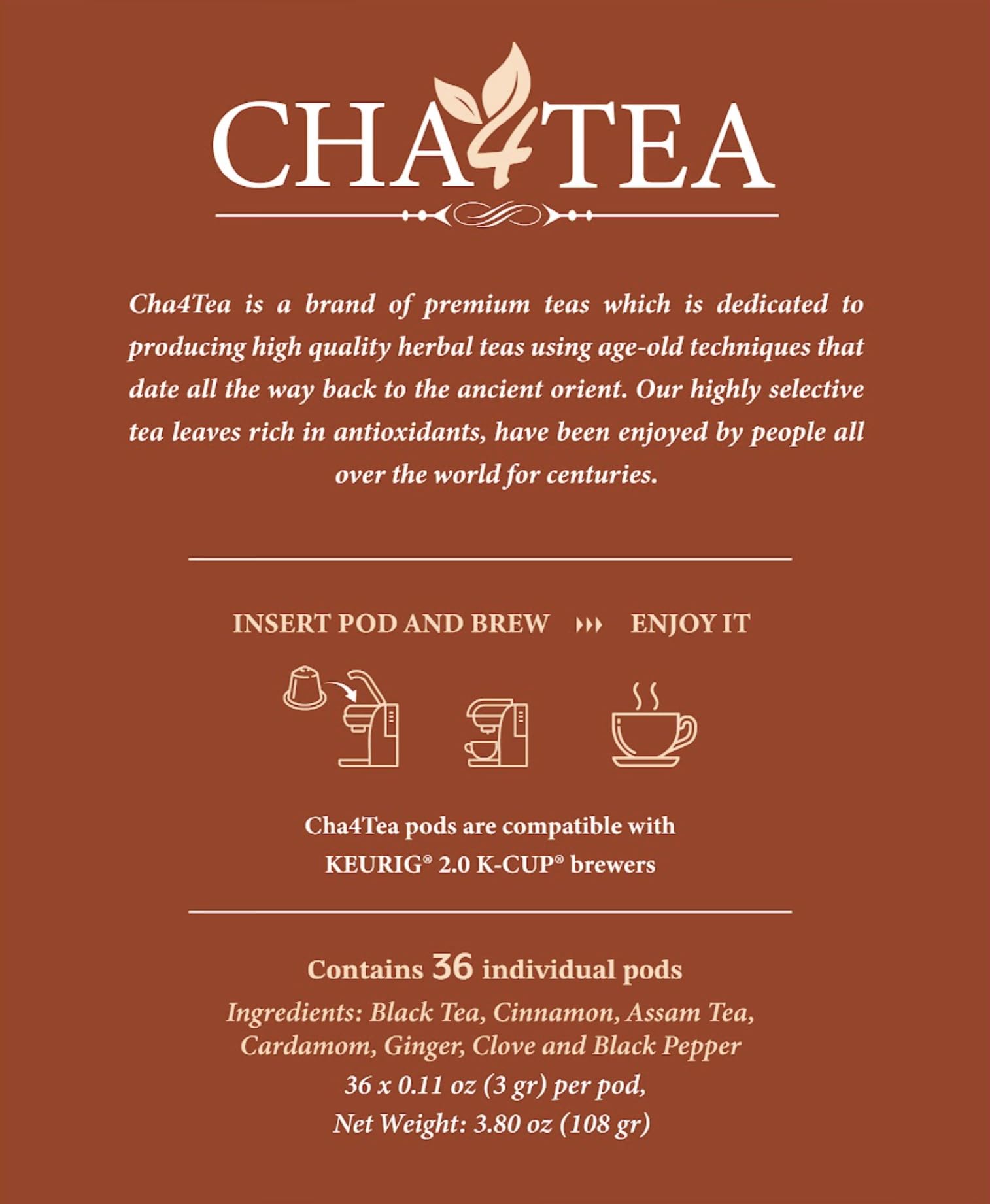 Cha4TEA 36-Count Chai Black Tea Pods Compatible with Keurig K-Cup Brewers