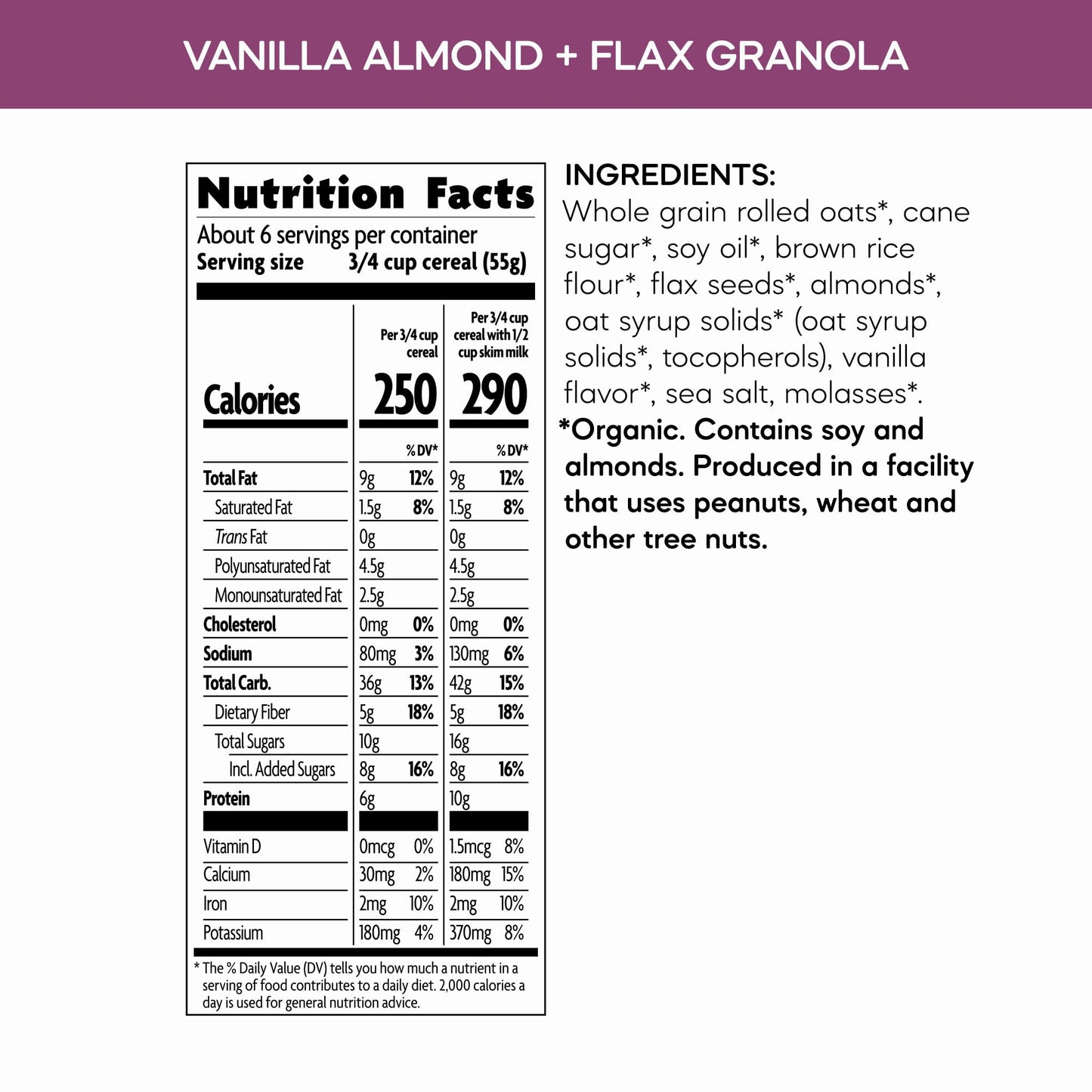 Nature's Path Organic Vanilla Almond + Flax Granola, 11.5 oz (Pack of 6), Non-GMO