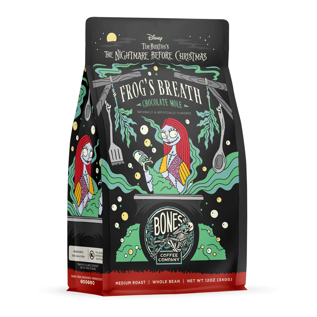 Bones Coffee Company The Nightmare Before Christmas Frog's Breath Flavored Coffee Beans, Medium Roast Ground Coffee Low Acid, Chocolate Mole Flavor