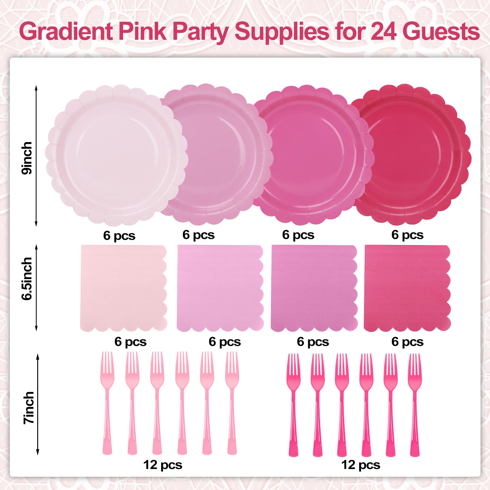 CENLBJ Pink Paper Plates and Napkins,Serves 24 Include Gradient 9 Inch Disposable Plates, Napkins, and Forks for Baby Shower, Wedding, Birthday