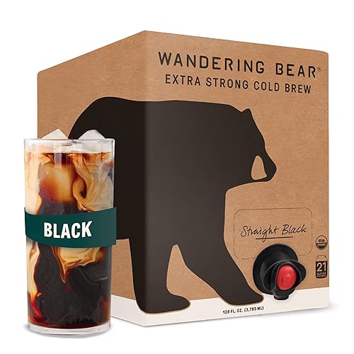 Wandering Bear Straight Black Organic Cold Brew Coffee On Tap, Iced Coffee Drink - Extra Strong, Bold, Smooth, No Sugar Added, Shelf-Stable, Ready