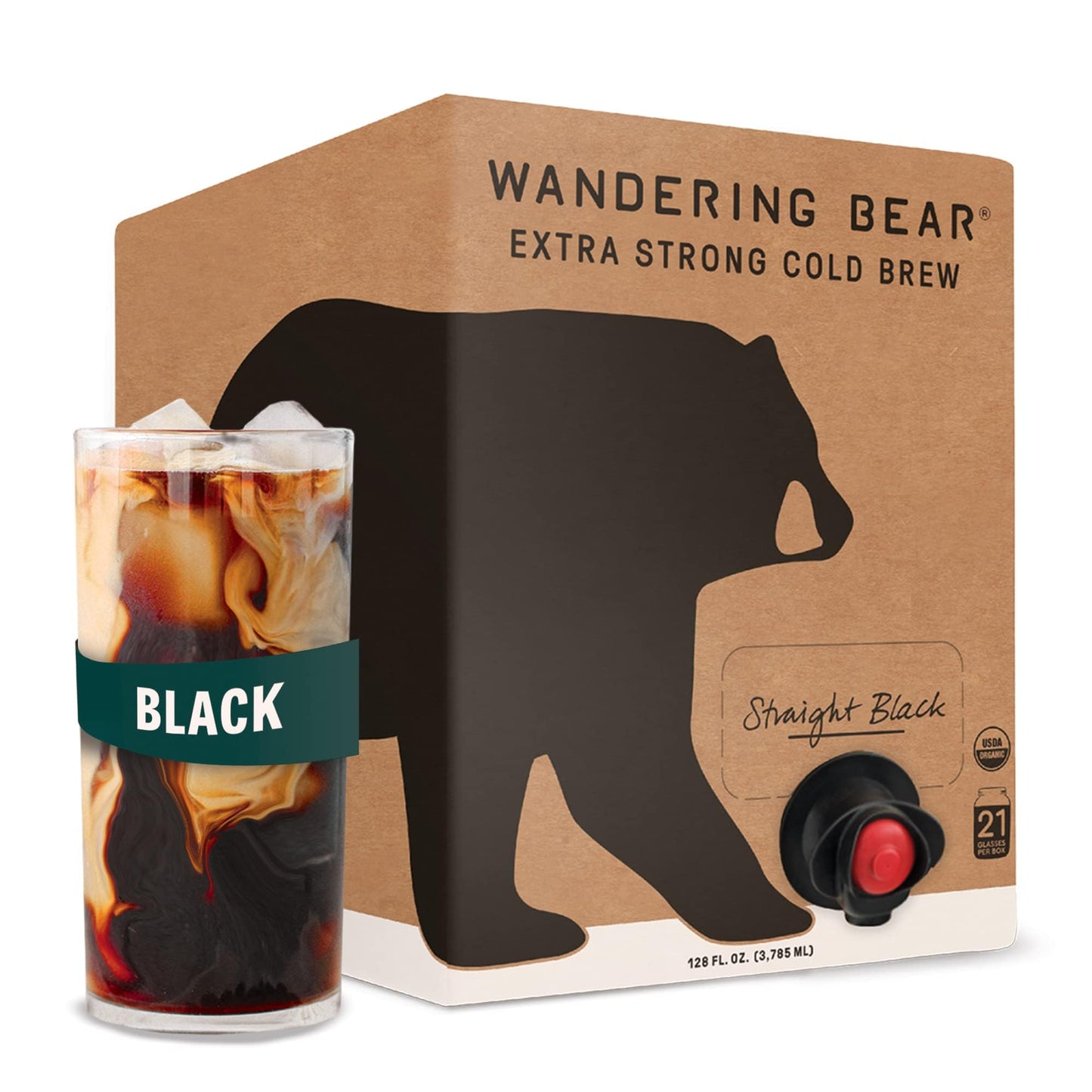 Wandering Bear Straight Black Organic Cold Brew Coffee On Tap, Iced Coffee Drink - Extra Strong, Bold, Smooth, No Sugar Added, Shelf-Stable, Ready