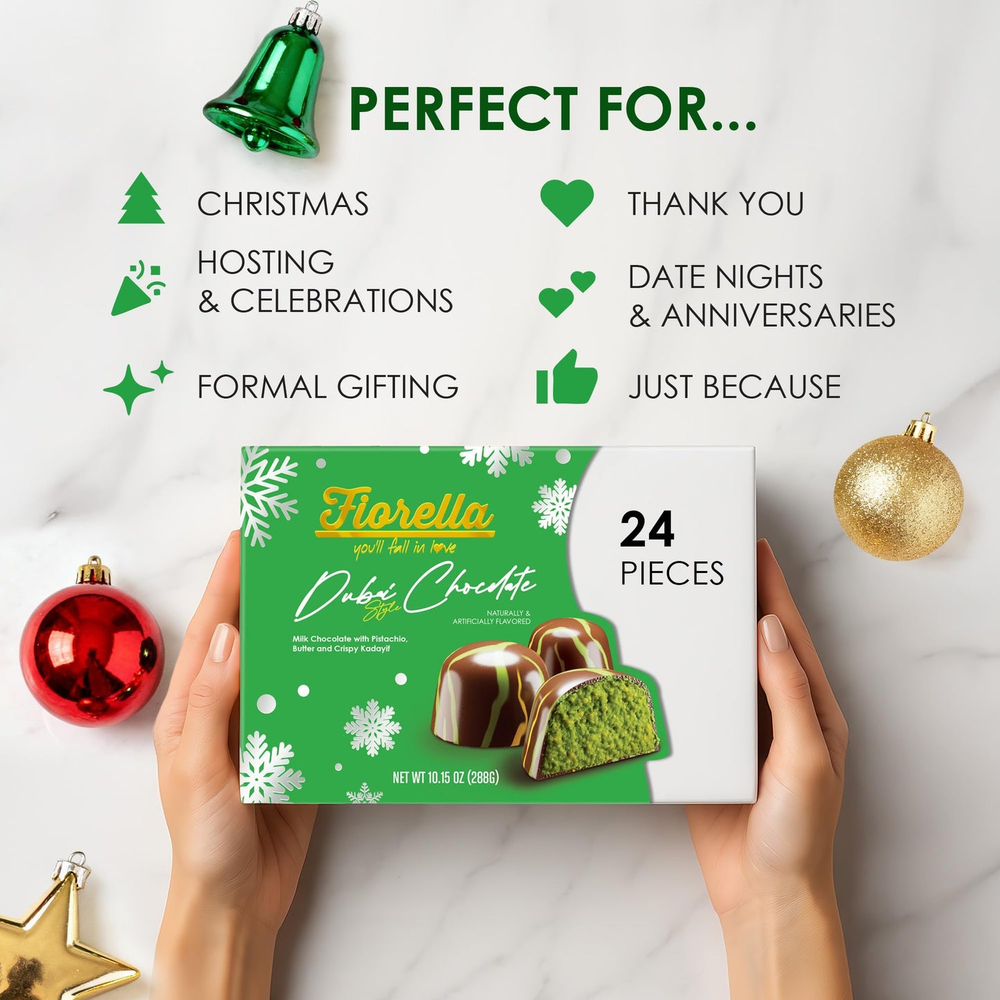 Fiorella Dubai Chocolate Gift Box, 24 Count, Premium Gourmet Milk Chocolate with Pistachio, Butter & Crispy Knafeh, Food Gifts for Holiday Gift