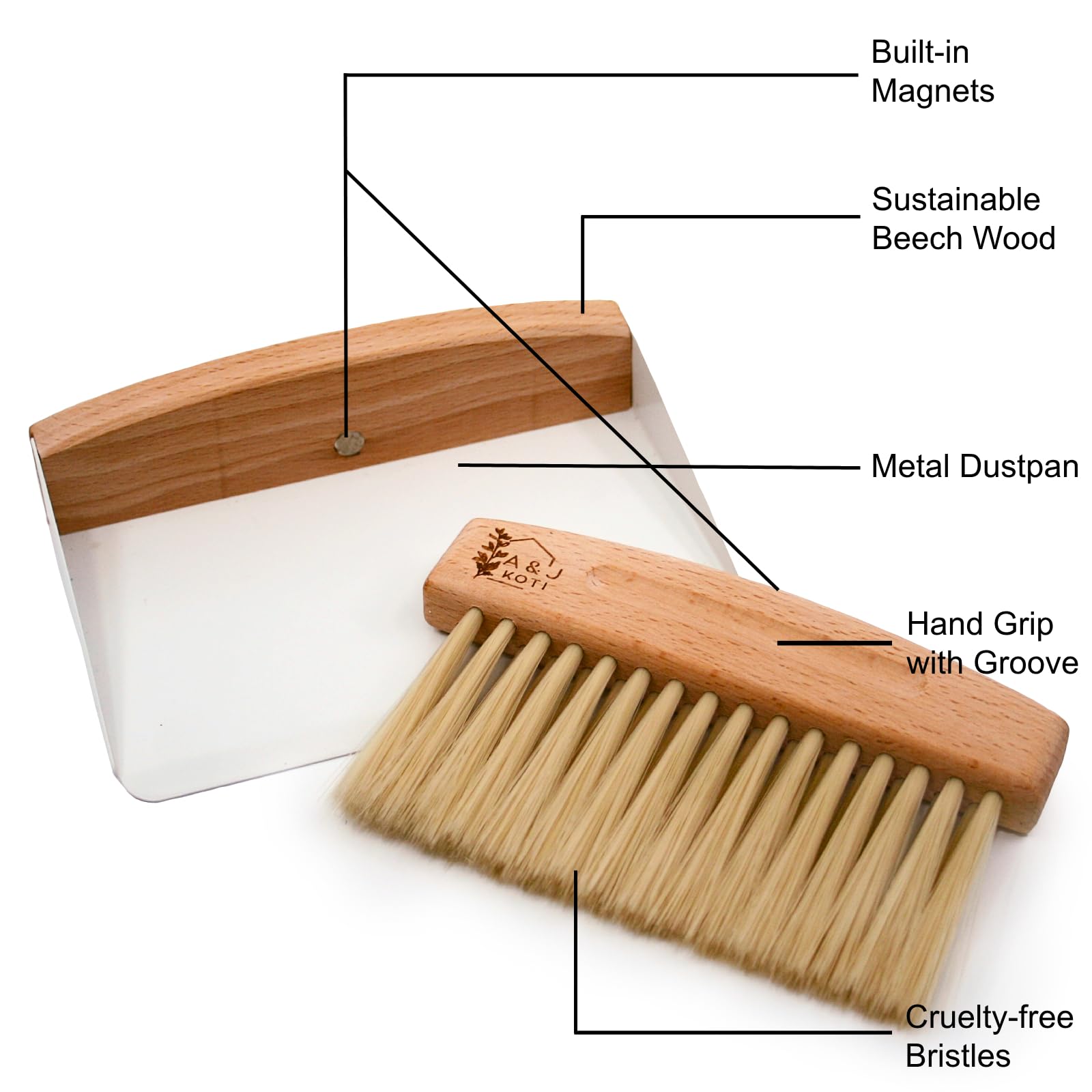 A&J Koti Table Crumb Sweeper - Small Mini Metal Dustpan and Hand Brush Combo Set - Wood Crumber for Servers, Restaurants, Home and Kitchen - Crumb