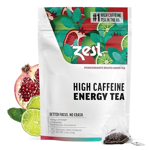 Zest Energy Green Tea - Pomegranate Mojito High Caffeine Tea Bags for Focus & Morning Energy - Natural Caffeinated Tea with 135mg Caffeine - Coffee