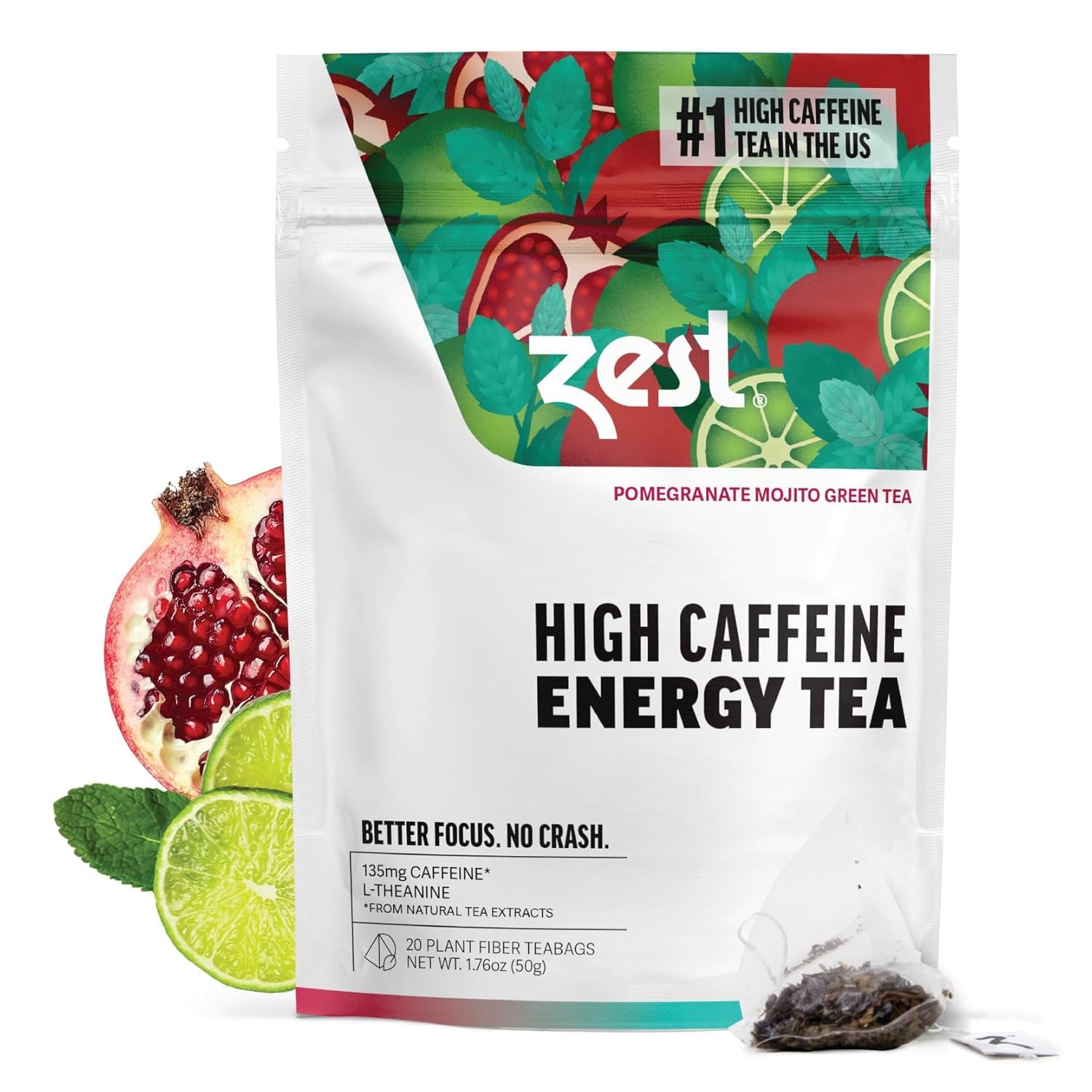 Zest Energy Green Tea - Pomegranate Mojito High Caffeine Tea Bags for Focus & Morning Energy - Natural Caffeinated Tea with 135mg Caffeine - Coffee