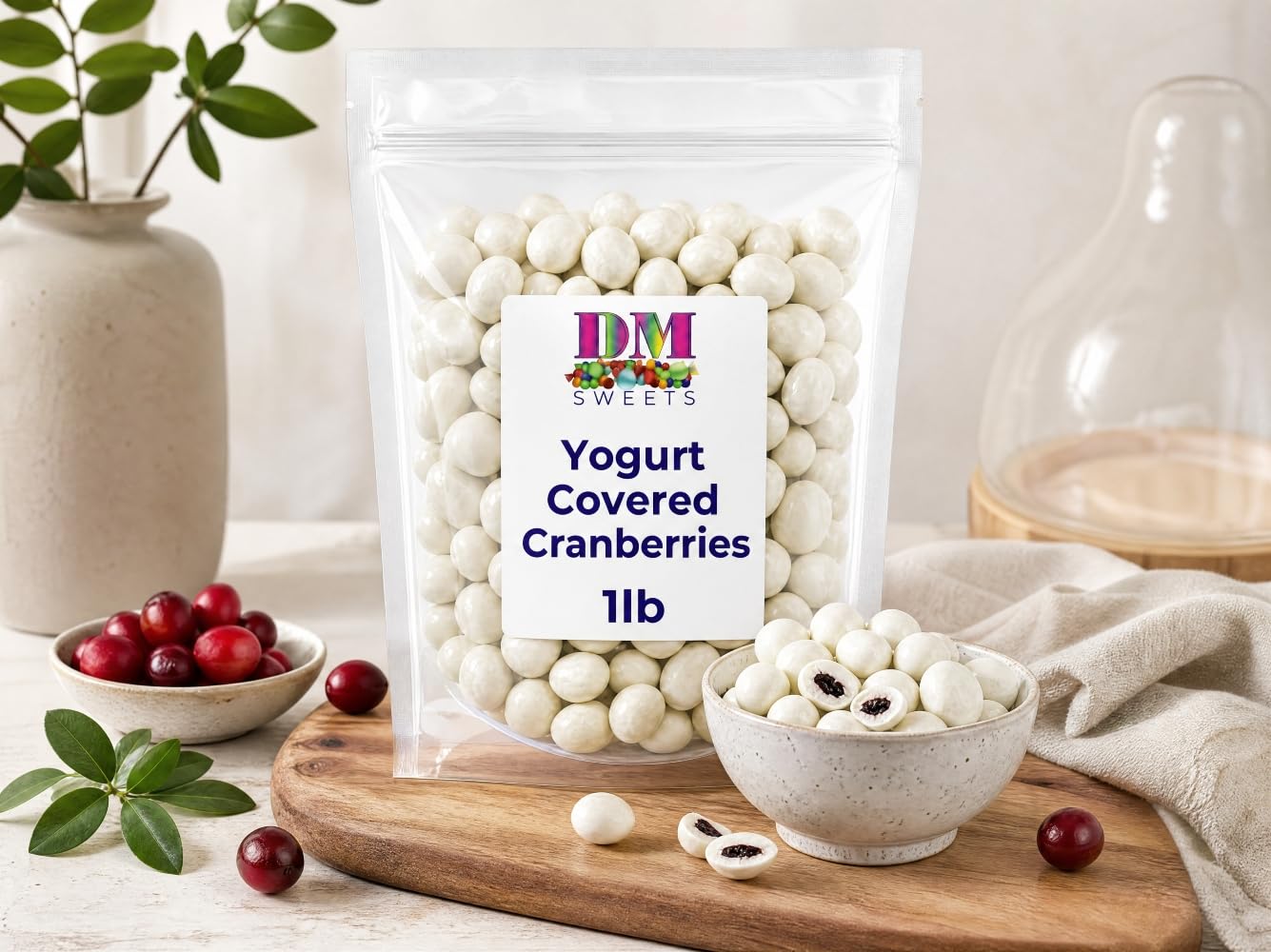 Yogurt Coated Cranberries- 1 lb of Fresh Gourmet Sweet Creamy Chewy Covered Dipped Cranberries