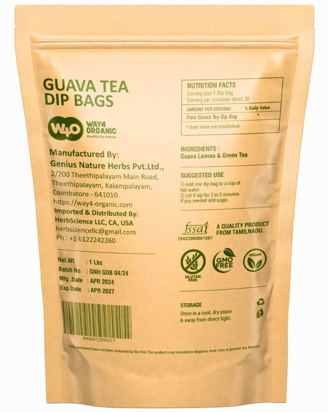 Guava Tea Bags, Dried Tender Leaves Tea, 30 Count, Pleasant Taste, Caffeine Free (Pack of 1)