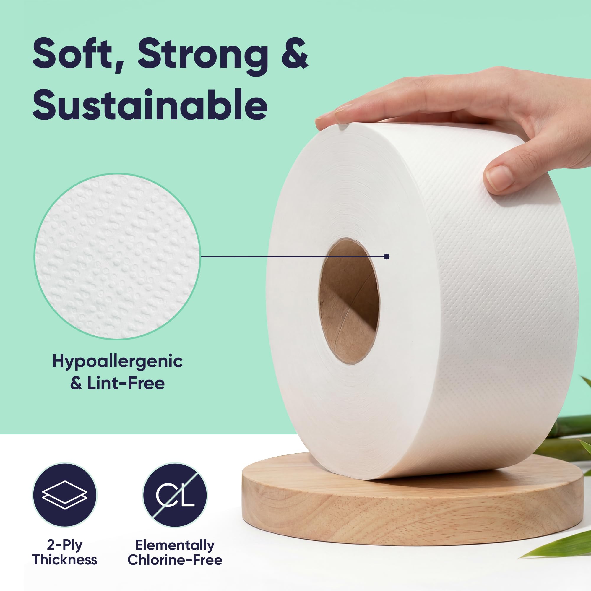 Save Trees Jumbo Toilet Paper Commercial Rolls - Bamboo, 12 Rolls per Case, 1000 Feet Non-Perforated, 2-ply, White, Bulk Toilet Paper for Commercial