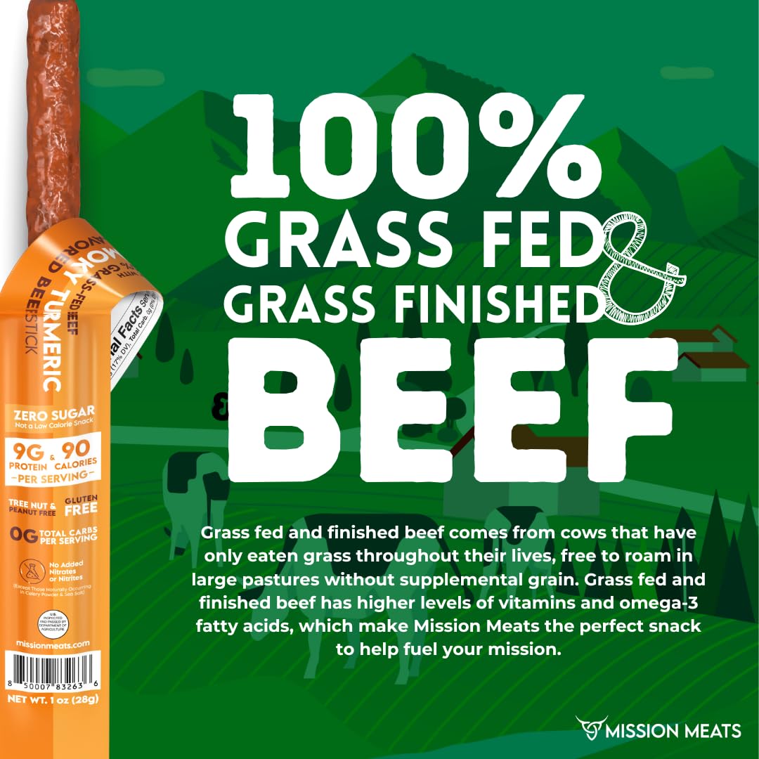 Mission Meats Beef Sticks - 100% Grass Fed & Pasture Raised, Sugar Free, Individually Wrapped Healthy Snacks, Whole 30 & Paleo Friendly, Smoky