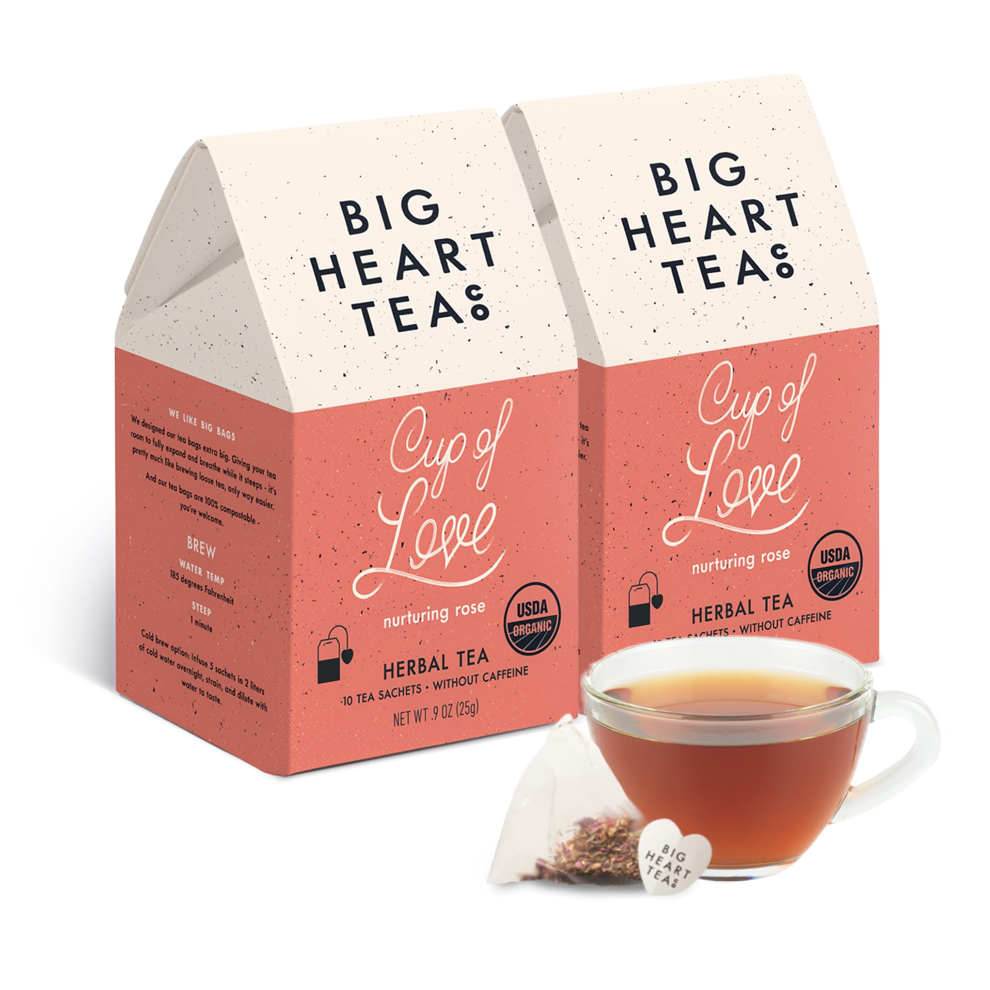 Big Heart Tea Co. Tea Bags - Cup of Love Red Rose - Certified Organic, Floral Ayurvedic Herbal Decaf Tea in Zero Plastic Sachets with Small Batch