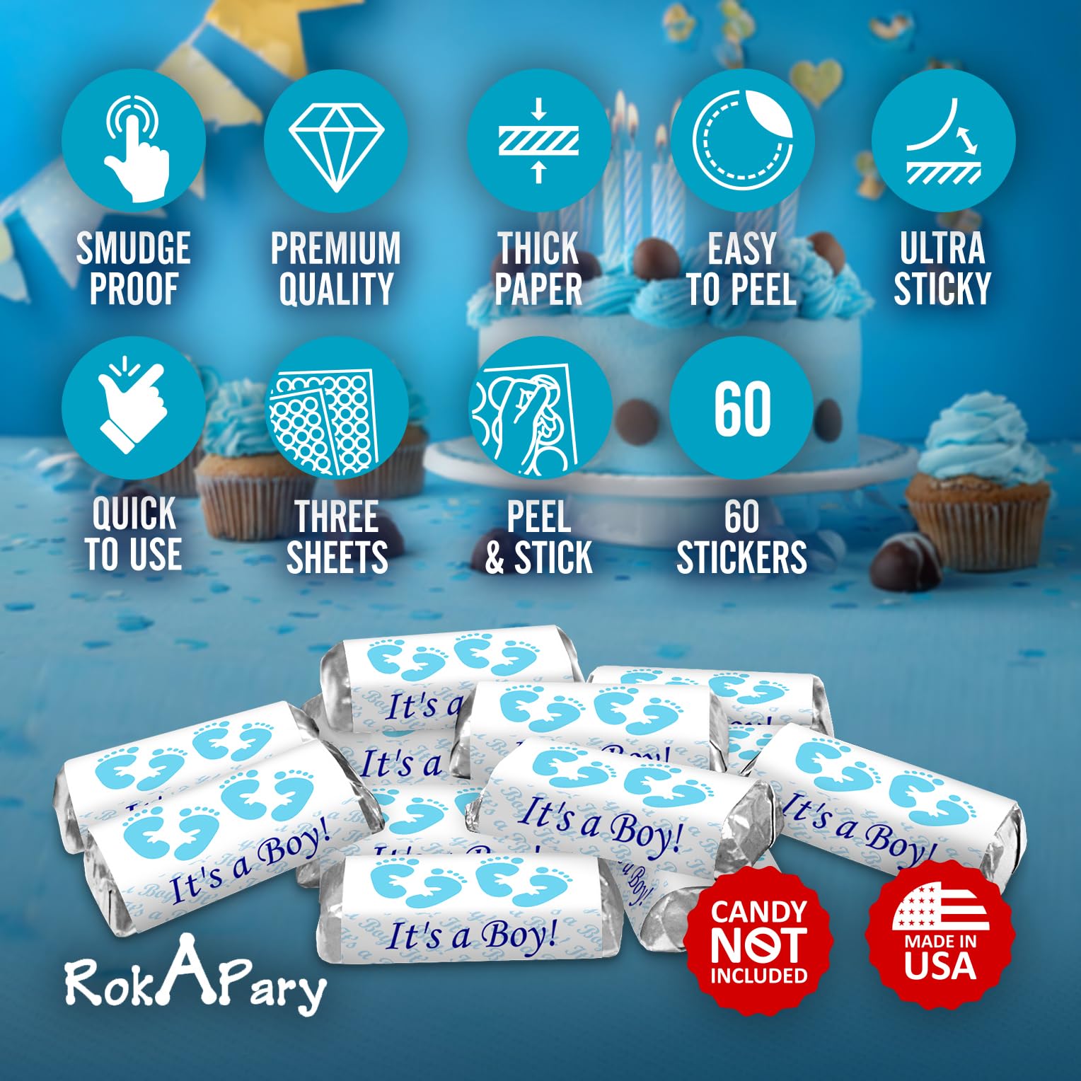 60 Blue Footprints Baby Shower Miniatures Candy Bar Wrapper, Its a Boy Baby Shower Mini Candy Bar Stickers Decorations, Candy Not Included. Made in