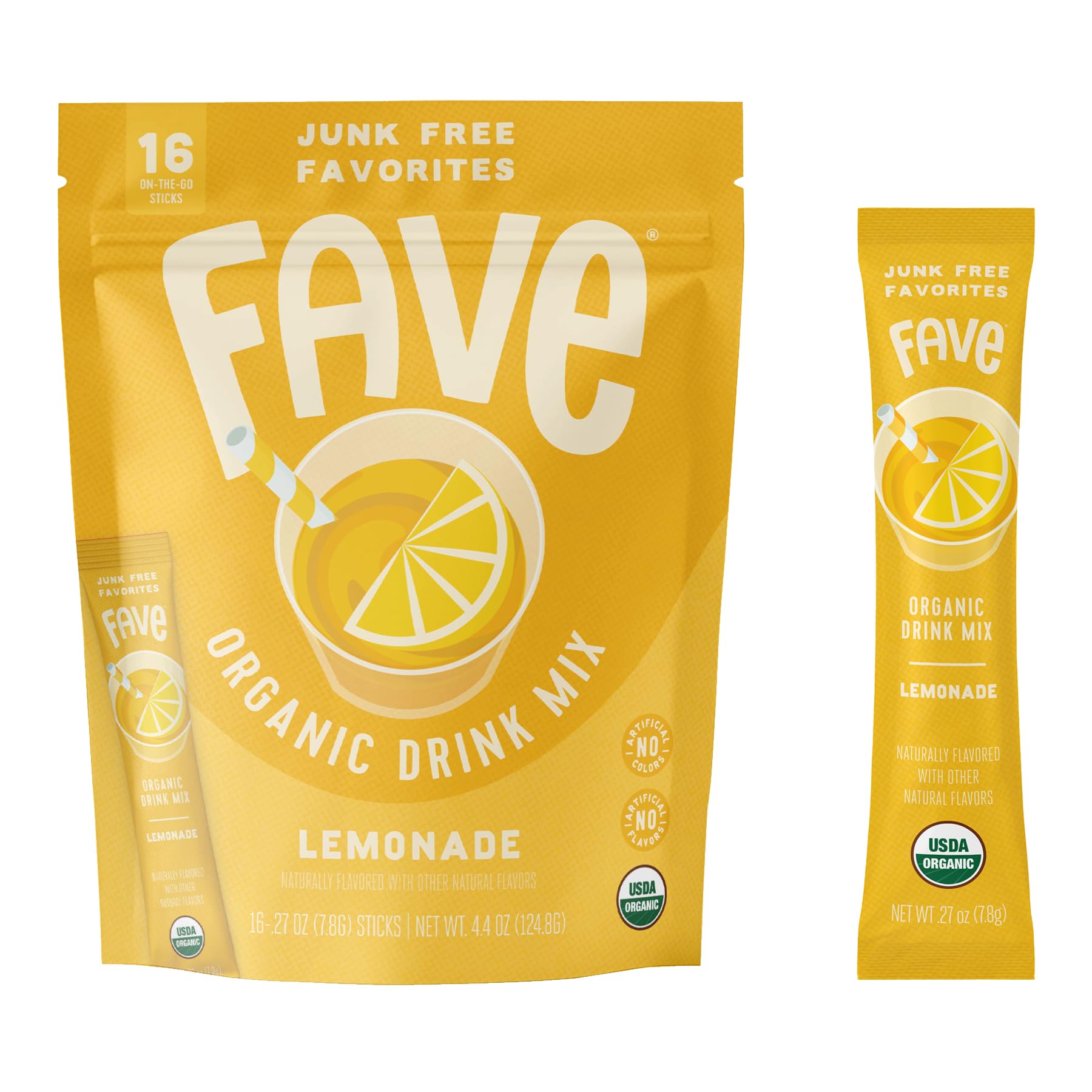 FAVE USDA Organic Lemonade Drink Mix, 16 Stick Pouch | No Artificial Colors or Flavors, Non-GMO