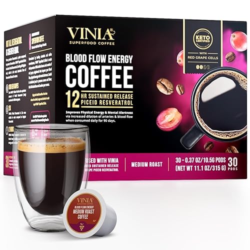 VINIA Medium Dark Roast Coffee with Red Grape Piceid Resveratrol, Nitric Oxide for Heart Health, Alertness, Physical Energy & Blood Flow Circulation