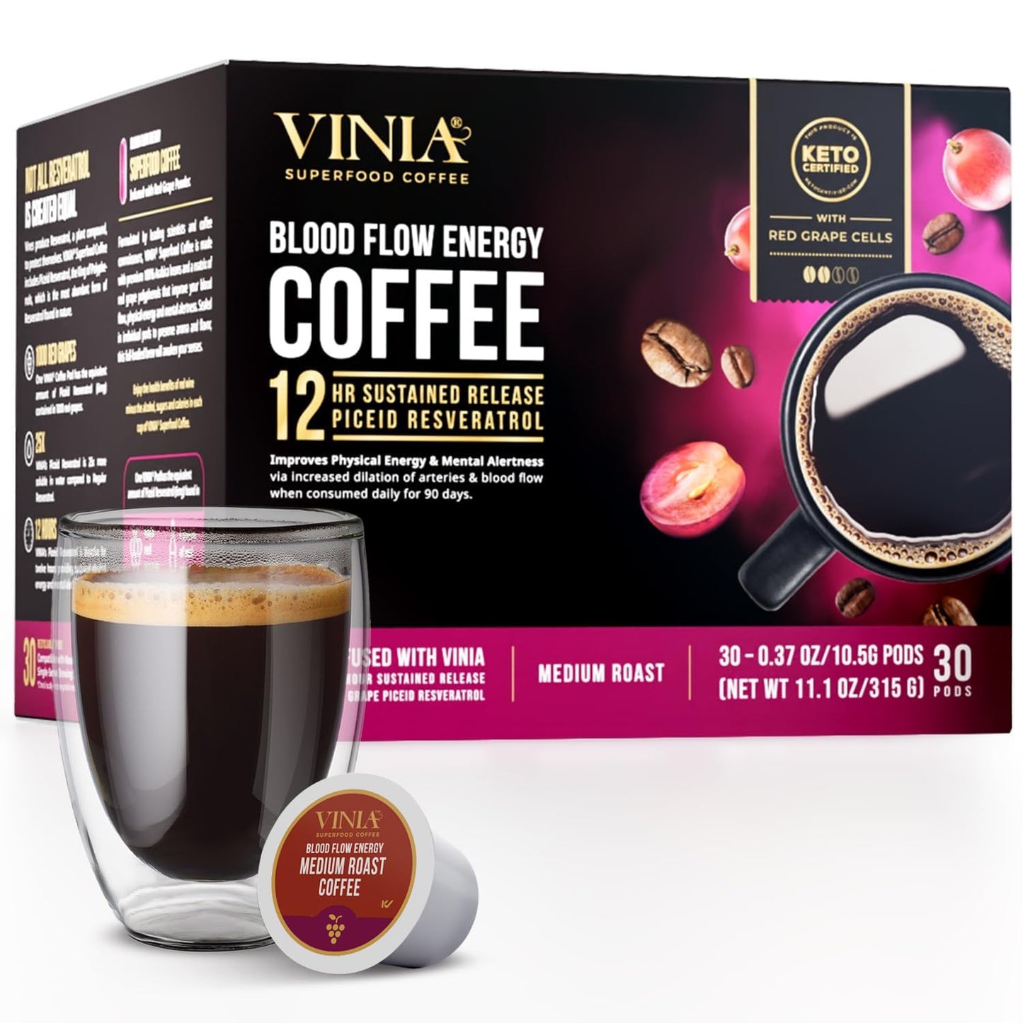 VINIA Medium Dark Roast Coffee with Red Grape Piceid Resveratrol, Nitric Oxide for Heart Health, Alertness, Physical Energy & Blood Flow Circulation