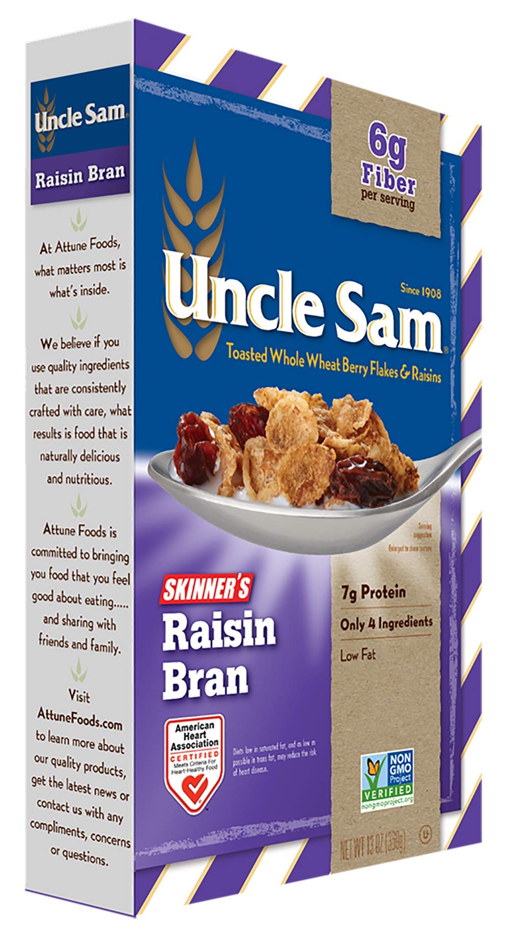 Uncle Sam Skinner's Raisin Bran Cereal, High Fiber, Whole Grain, Non-GMO Project Verified, Heart Healthy, Kosher, Vegan, 13 Oz Box (Pack of 12)