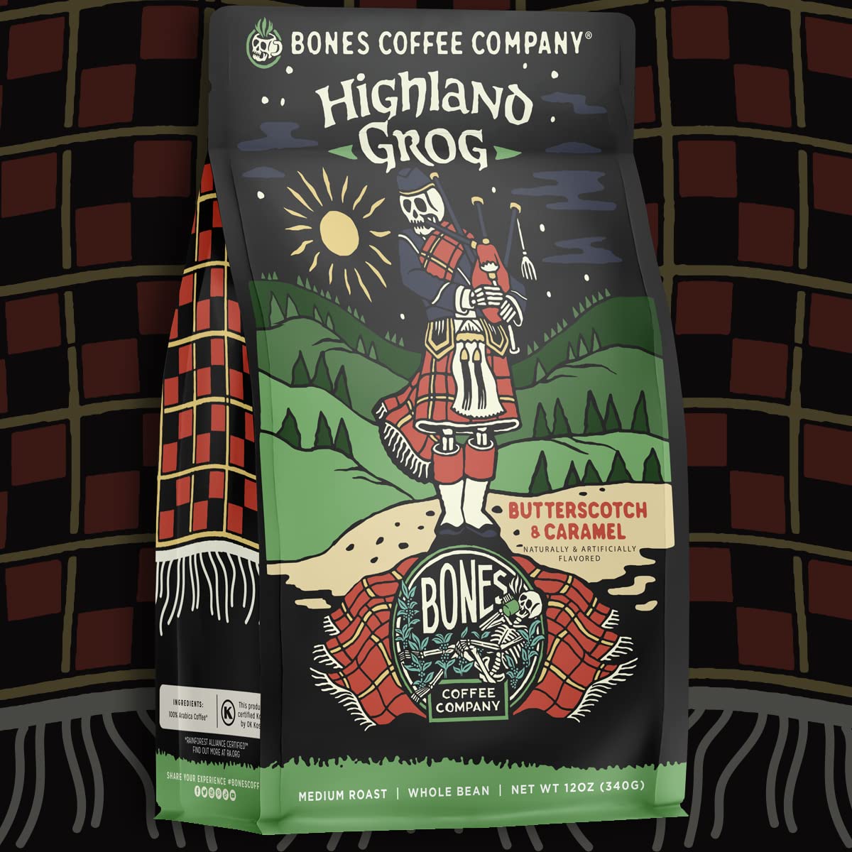 Bones Coffee Company Highland Grog, Butterscotch Caramel Flavored Coffee, Medium Roast Low Acid Arabica Beans Compatible with Auto drip and French