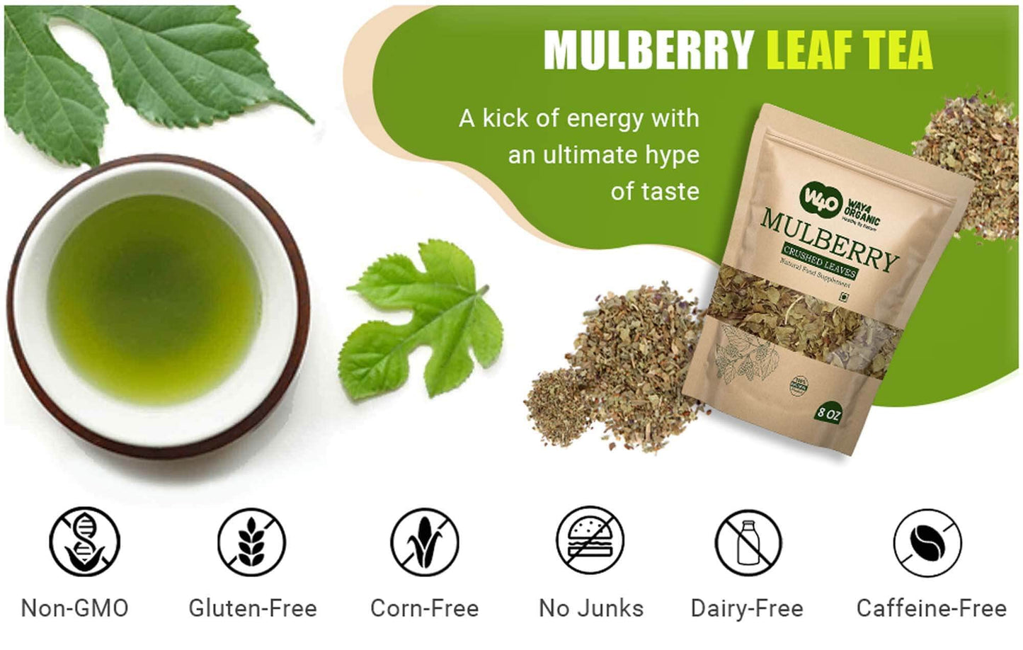 Mulberry Leaf Tea 8 Oz, Dried Crushed Leaves, Best Caffeine Free Tea - Way4Organic (1 Pack)