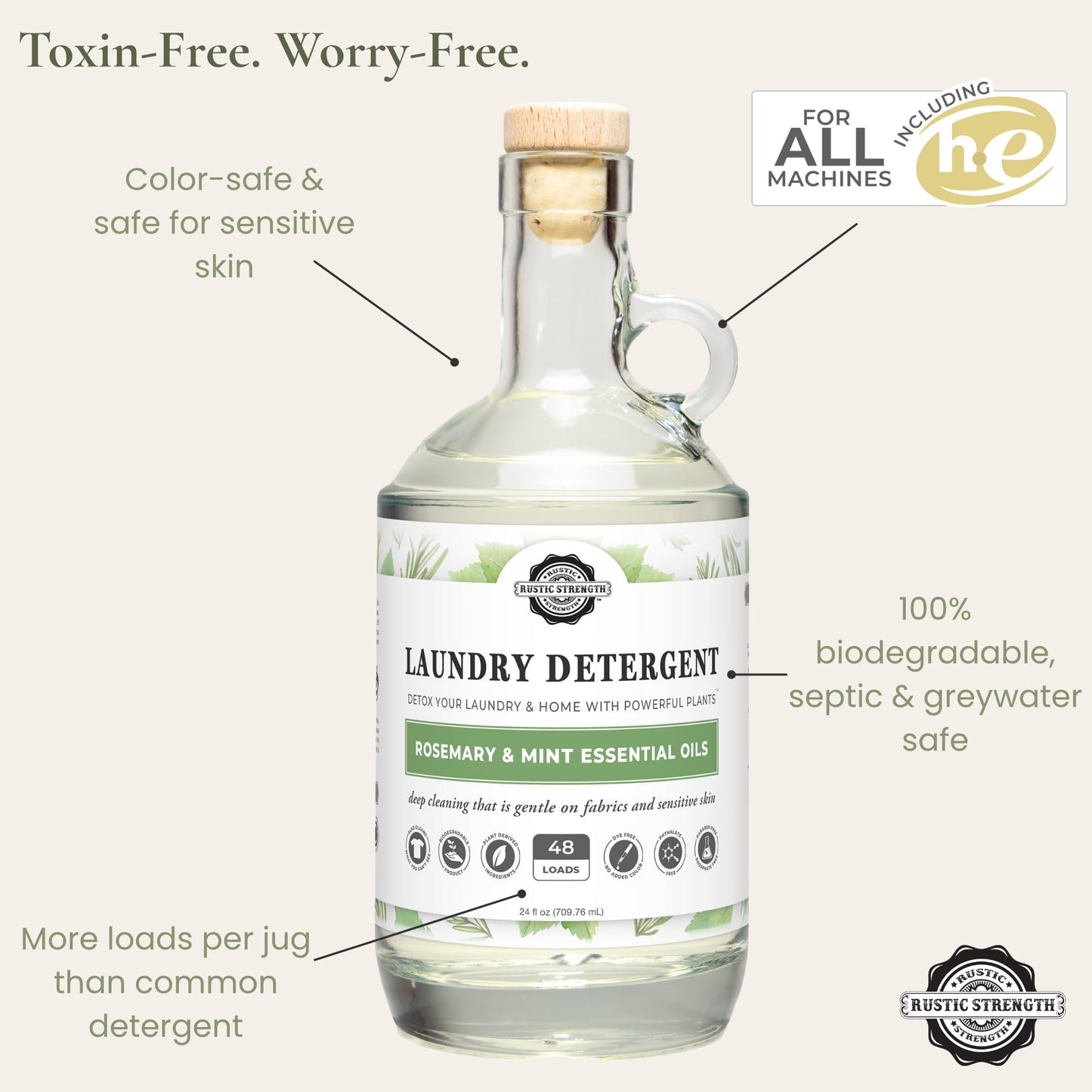 Rustic Strength Natural Laundry Detergent, Rosemary & Mint, Color Safe, Sensitive Skin, HE Compatible, 24 oz Glass