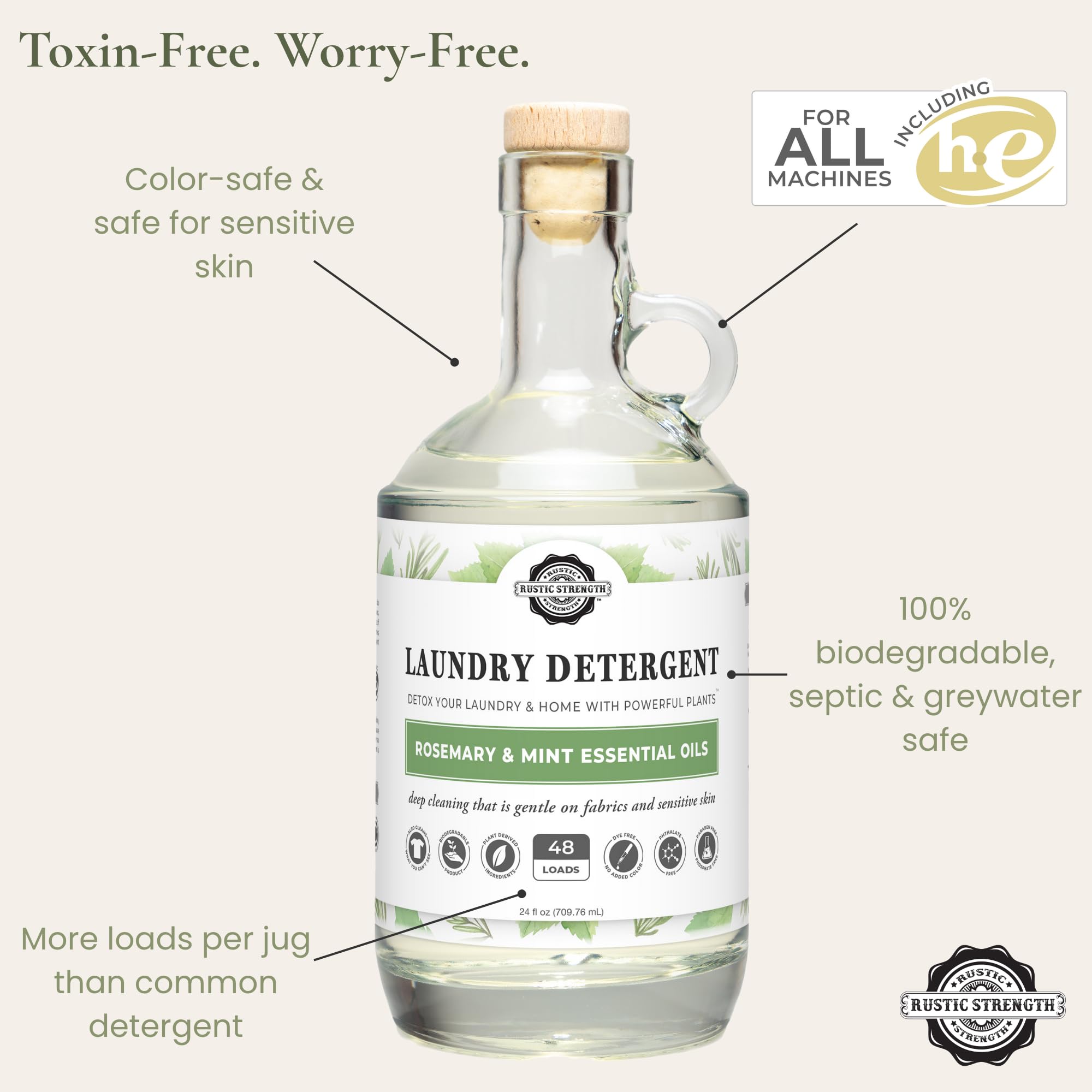 Rustic Strength Natural Laundry Detergent, Rosemary & Mint, Color Safe, Sensitive Skin, HE Compatible, 24 oz Glass