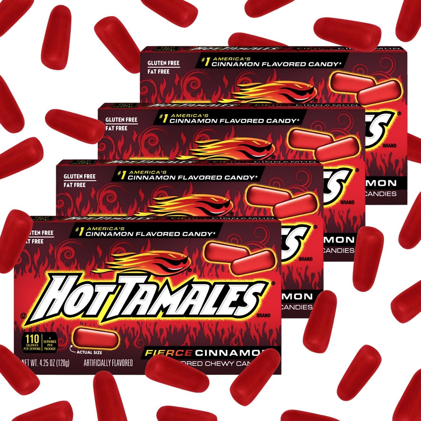 Hot Tamales Fierce Cinnamon Candy, 4 Pack - 4.25oz Each, Ideal for Candy Lovers and Fans of Hot Tamales, Perfect for Snacking, Sharing, Parties, or