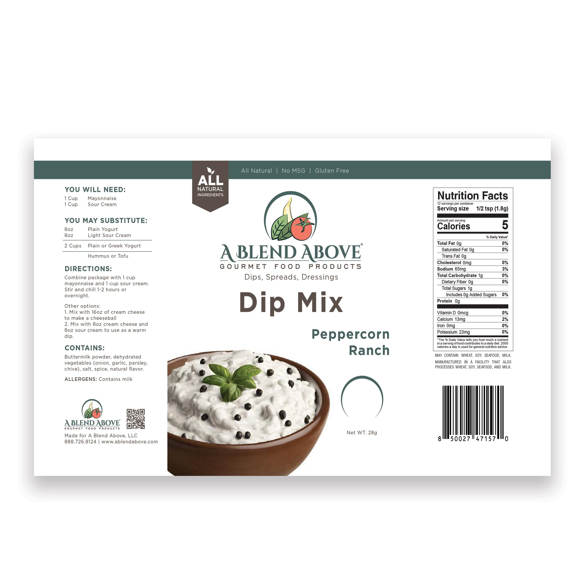 A Blend Above Peppercorn Ranch Dip Mix, 1oz, (3 Pack), Gluten-Free, No MSG, All Natural, No Preservatives, Vegetable Dip, Keto Friendly, Low Carb