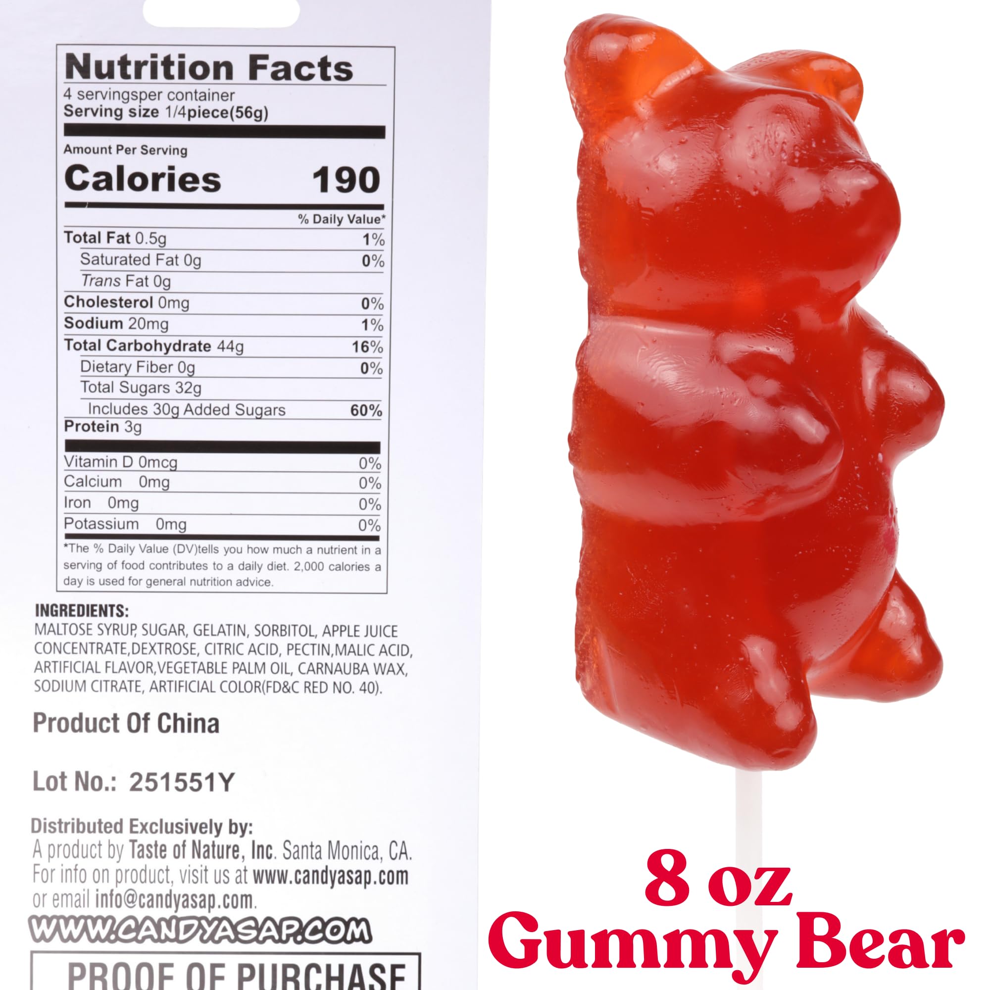 Gigantic Gummy Bear Lollipop, Cherry Flavored Giant Gummi, Great Candy Gift, 8 Ounces