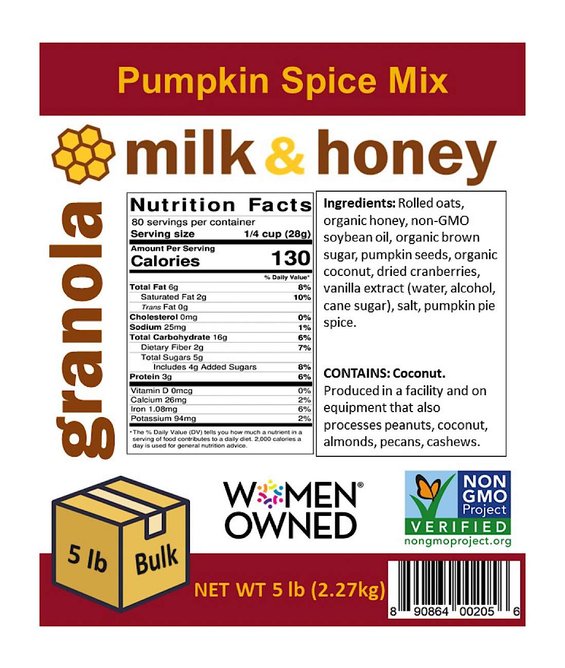Milk & Honey Granola, Pumpkin Spice Mix, Non-GMO Project Verified, Women-Owned Company, 5 LB Bulk Bag