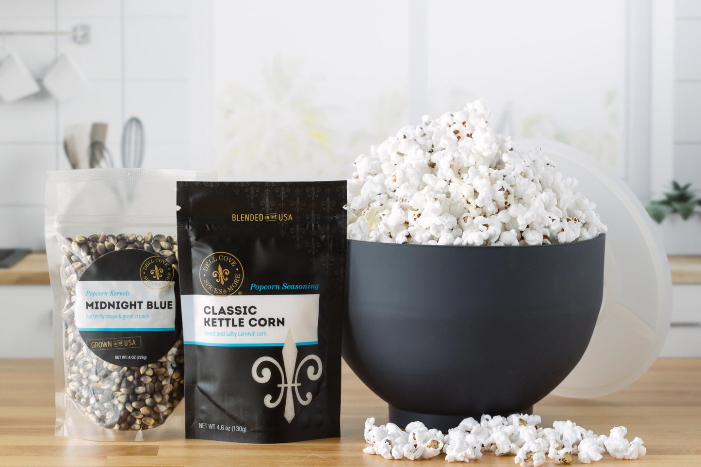 Personalized Gift for Movie Night | Gluten-Free Snack and Custom Set | Popcorn Kernels + Seasoning + Microwavable Popper and Black Box from Dell Cove