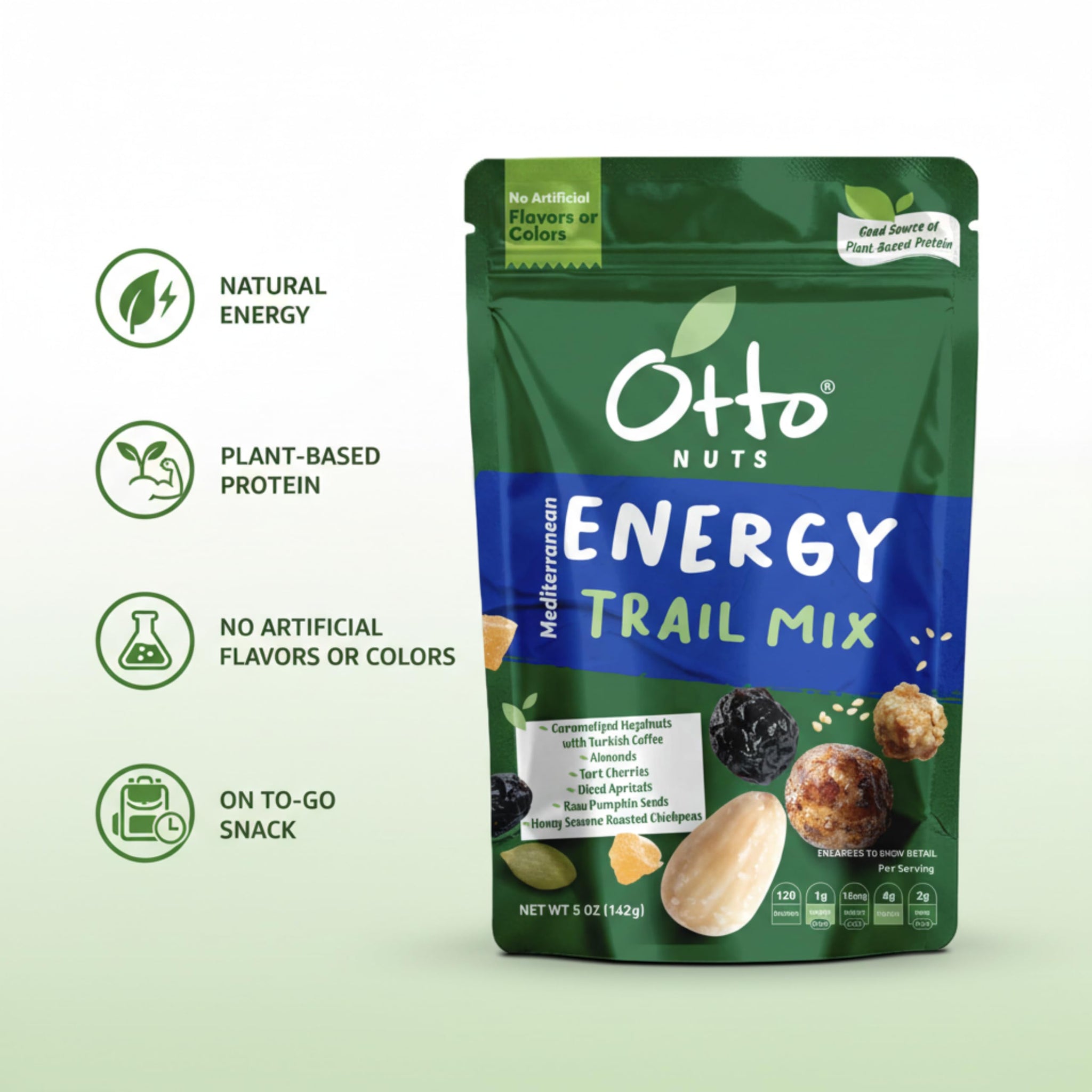 Otto Nuts - Mediterranean Energy Trail Mix, NON-GMO, Plant-Based Protein Dried Fruits & Nuts | 5 OZ with Resealable Bag
