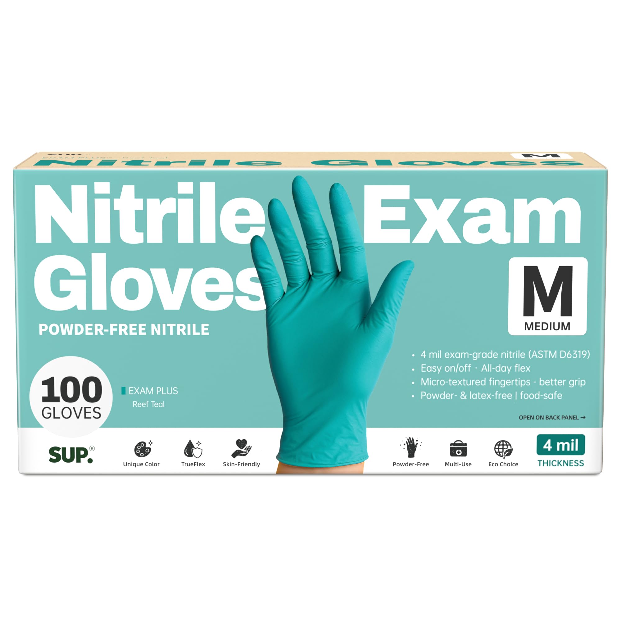 SUP Powder-Free Nitrile Gloves, 100 Count Food Safe Latex-Free Disposable Gloves for Medical Cooking Cleaning Food Prep, Teal (Medium)