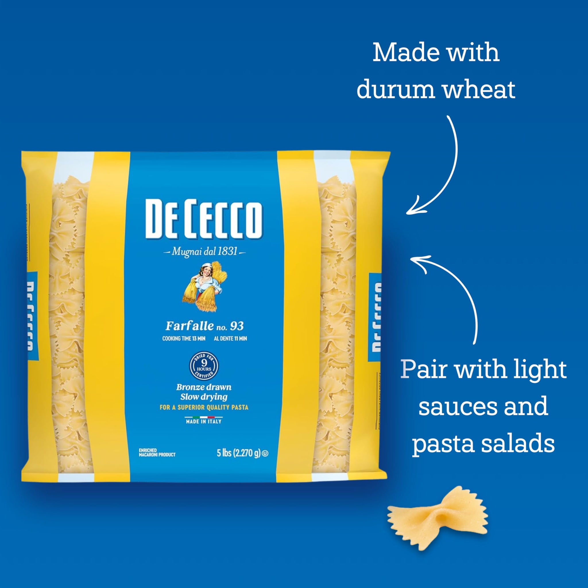 De Cecco Farfalle No. 93 Pasta, 5 Lb, Authentic, Slow Dried, Made with Durum Wheat, Versatile Pasta for Sauces & Recipes, Made in Italy